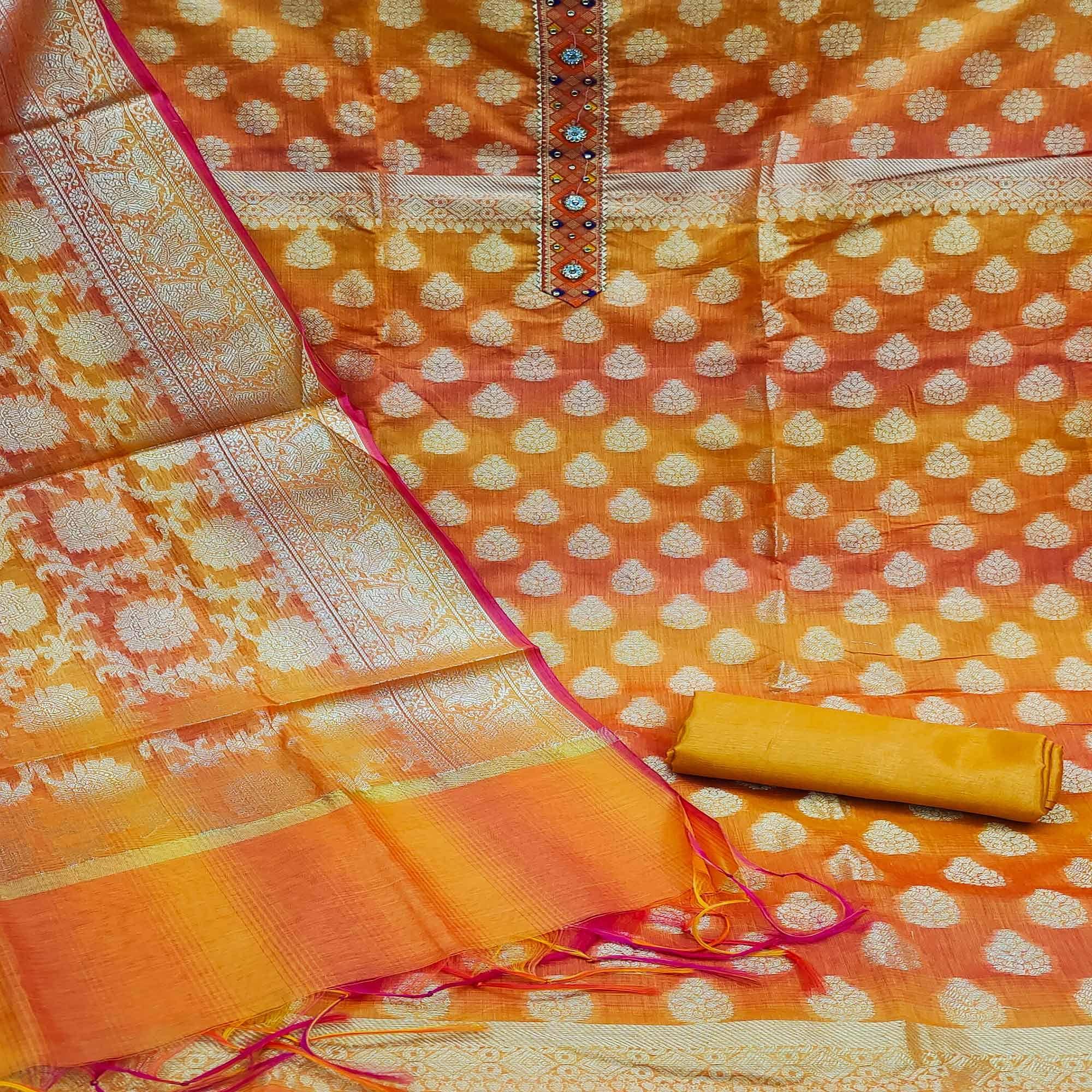 Orange Woven Banarasi Dress Material - Peachmode