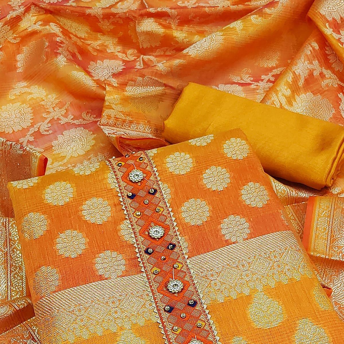 Orange Woven Banarasi Dress Material - Peachmode