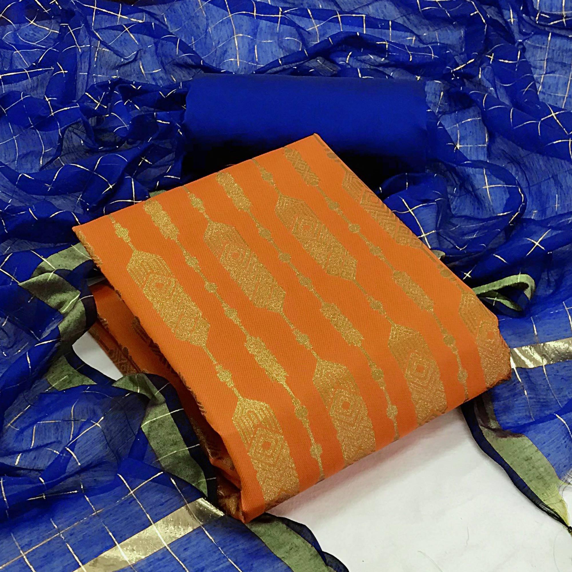 Orange Woven Banarasi Silk Dress Material - Peachmode