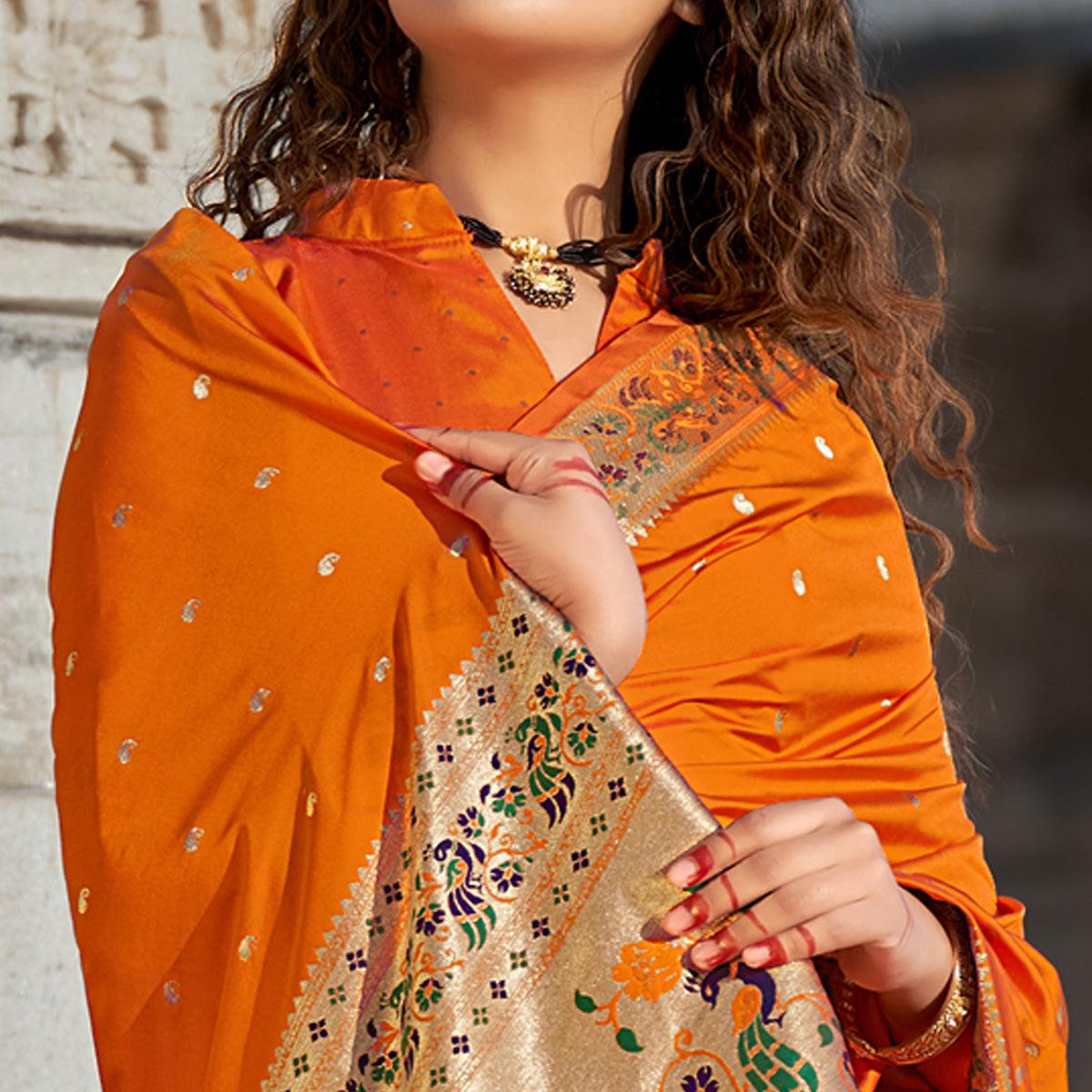 Orange Woven Banarasi Silk Paithani Saree - Peachmode