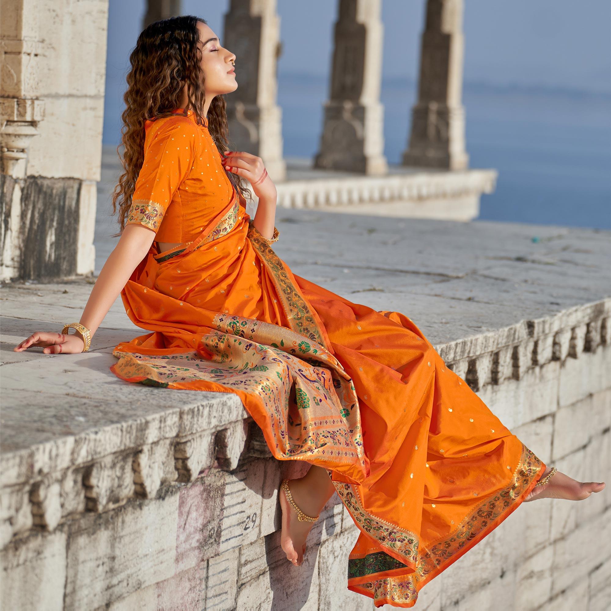 Orange Woven Banarasi Silk Paithani Saree - Peachmode