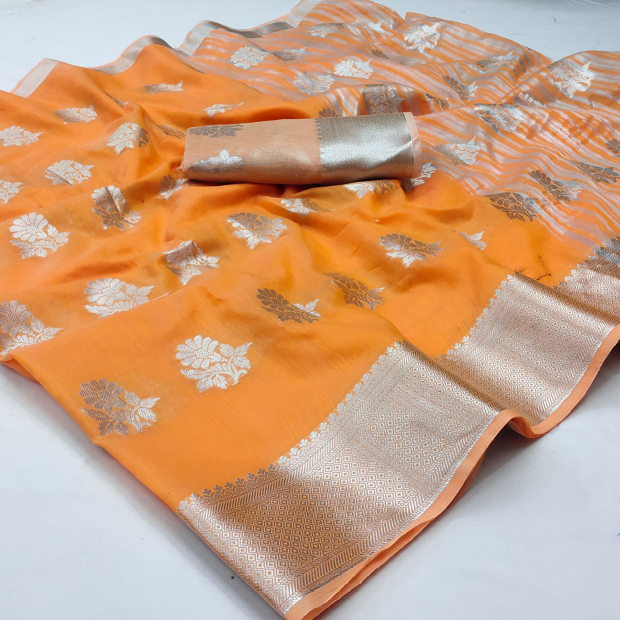 Orange Woven Banarasi Silk Saree - Peachmode
