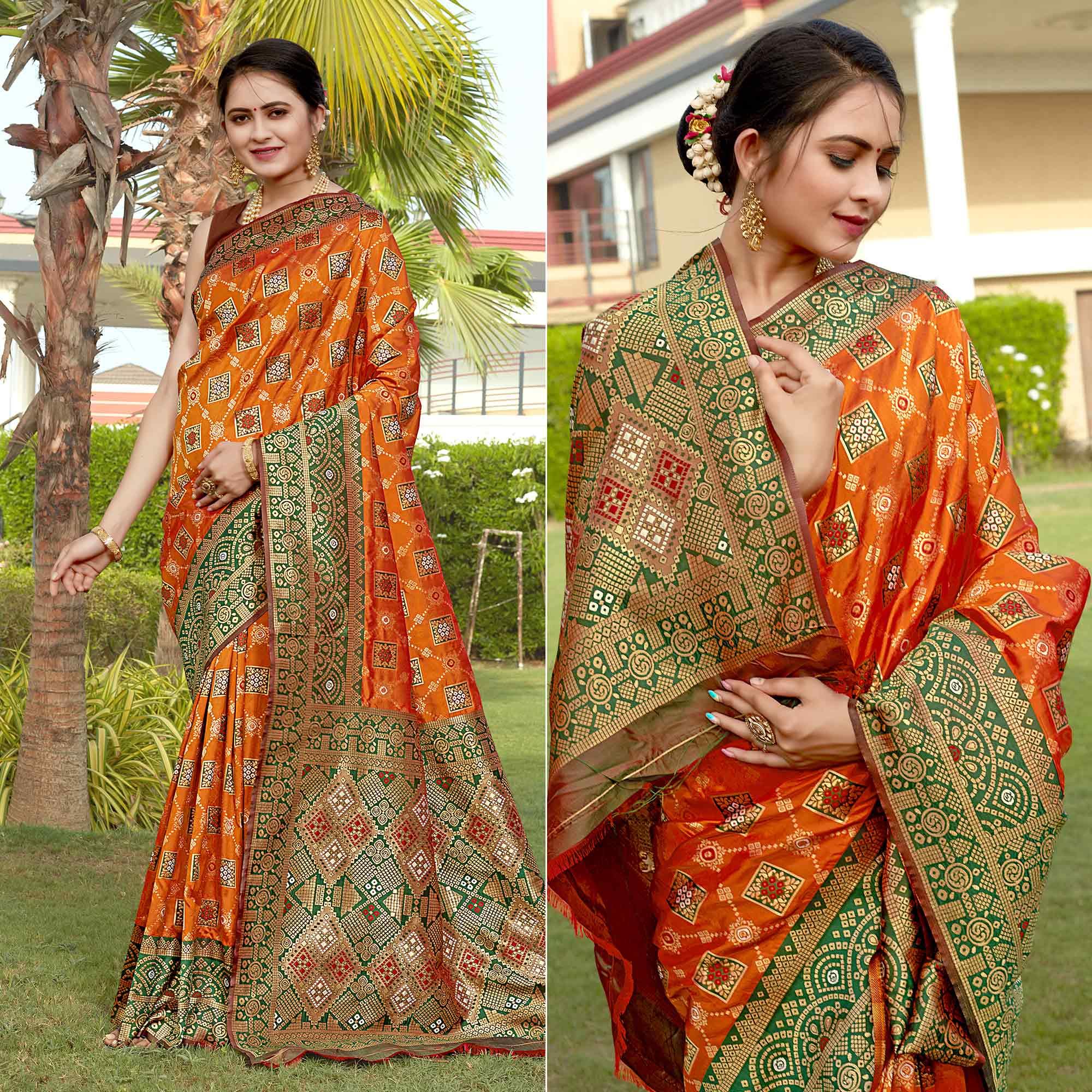 Orange Woven Banarasi Silk Saree - Peachmode