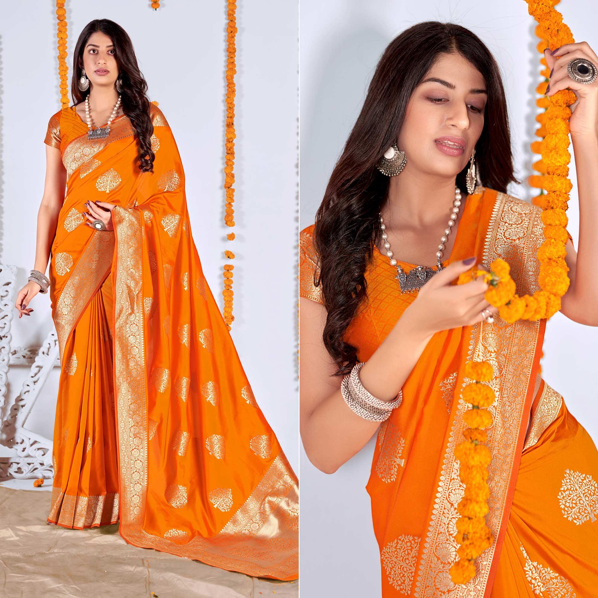 Orange Woven Banarasi Silk Saree - Peachmode
