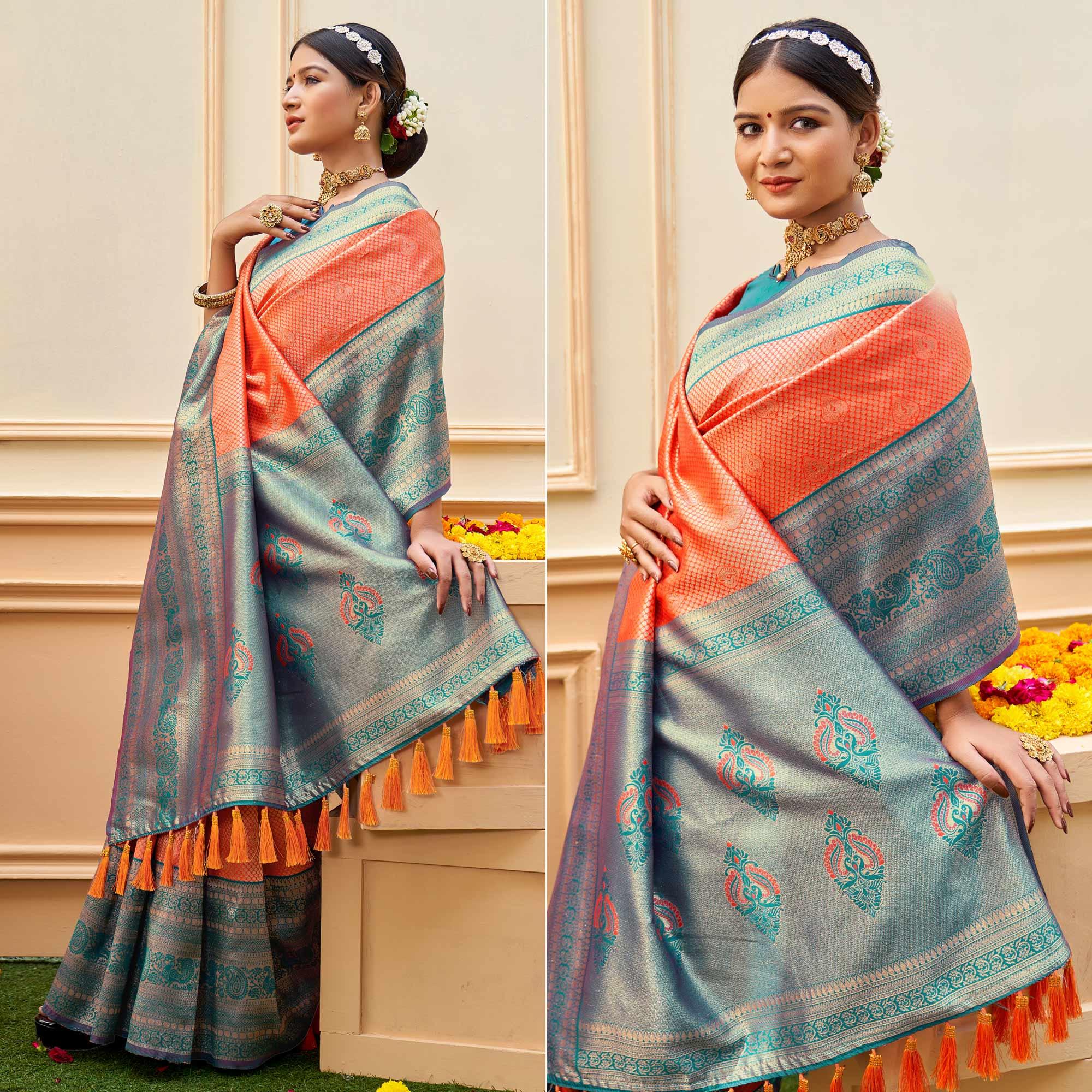 Orange Woven Banarasi Silk Saree - Peachmode