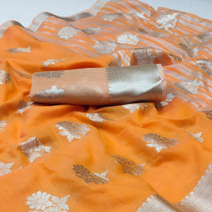 Orange Woven Banarasi Silk Saree - Peachmode