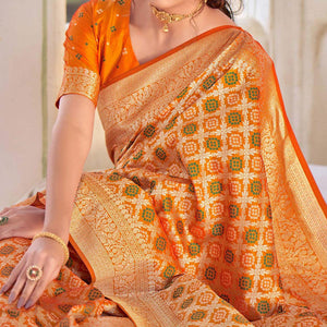 Orange Woven Banarasi Silk Saree - Peachmode