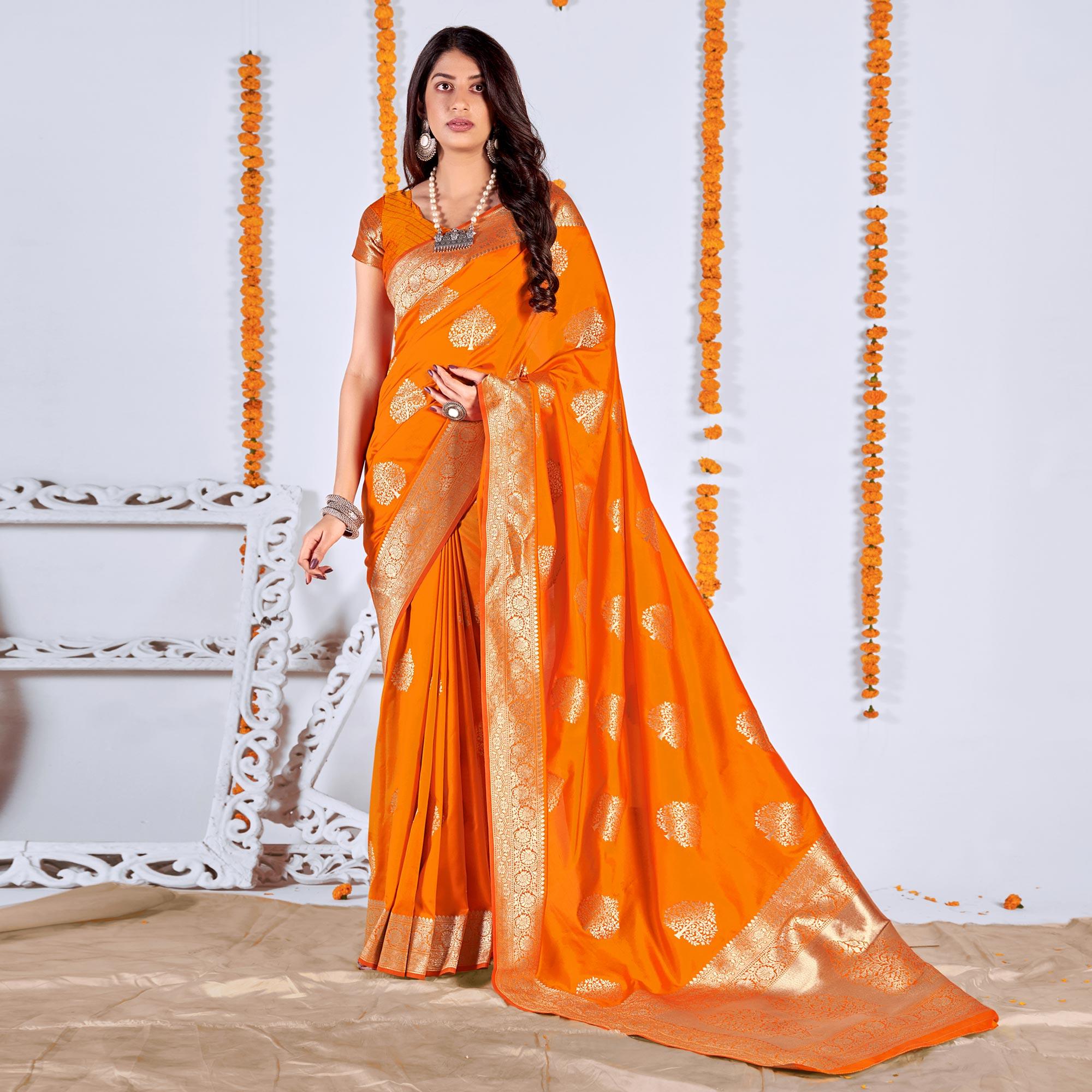 Orange Woven Banarasi Silk Saree - Peachmode