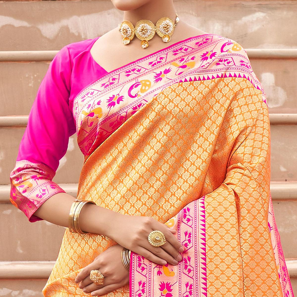 Orange Woven Banarasi Silk Saree - Peachmode