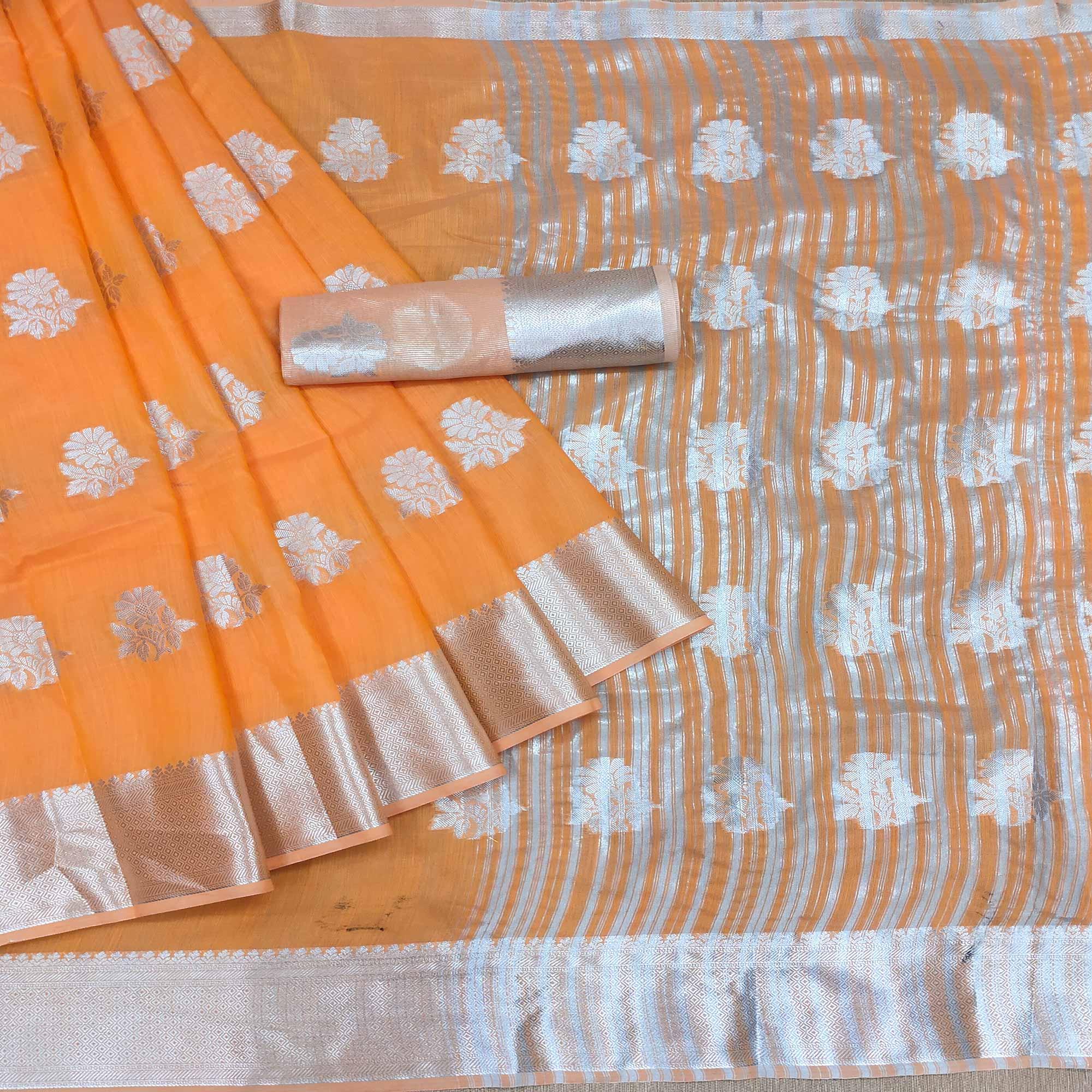 Orange Woven Banarasi Silk Saree - Peachmode
