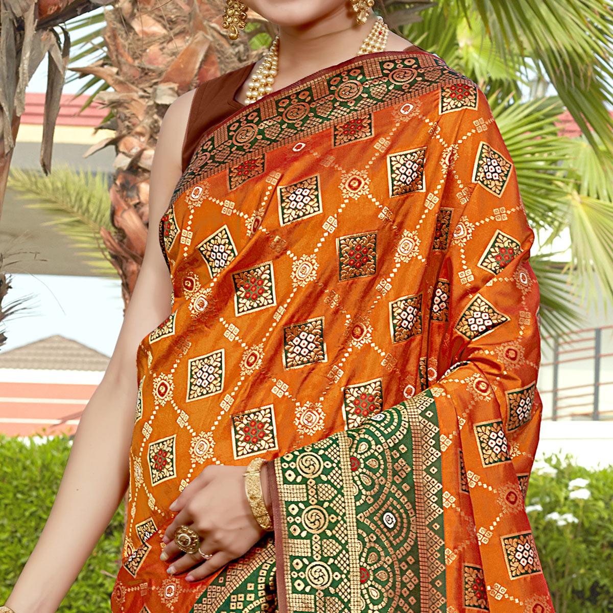 Orange Woven Banarasi Silk Saree - Peachmode