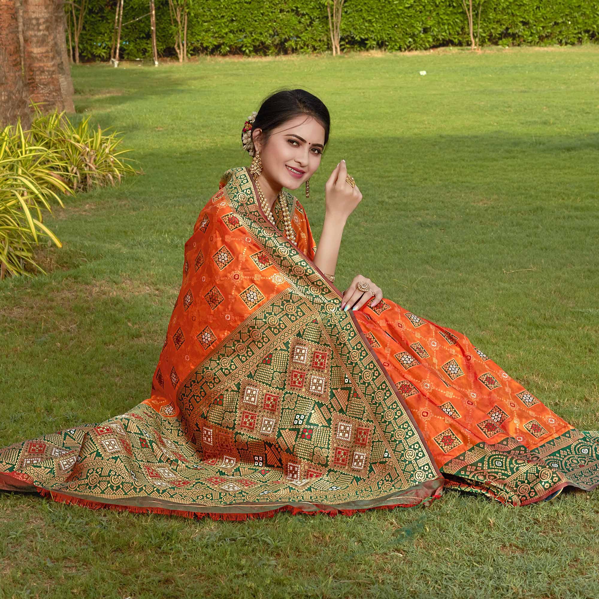 Orange Woven Banarasi Silk Saree - Peachmode