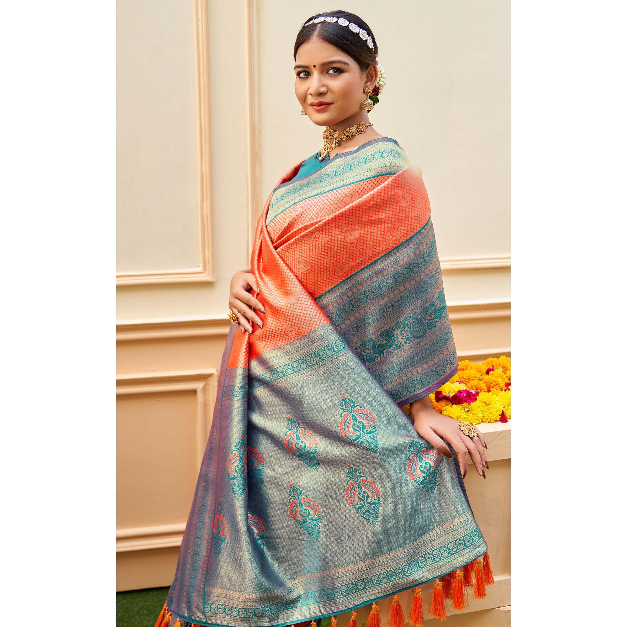 Orange Woven Banarasi Silk Saree - Peachmode