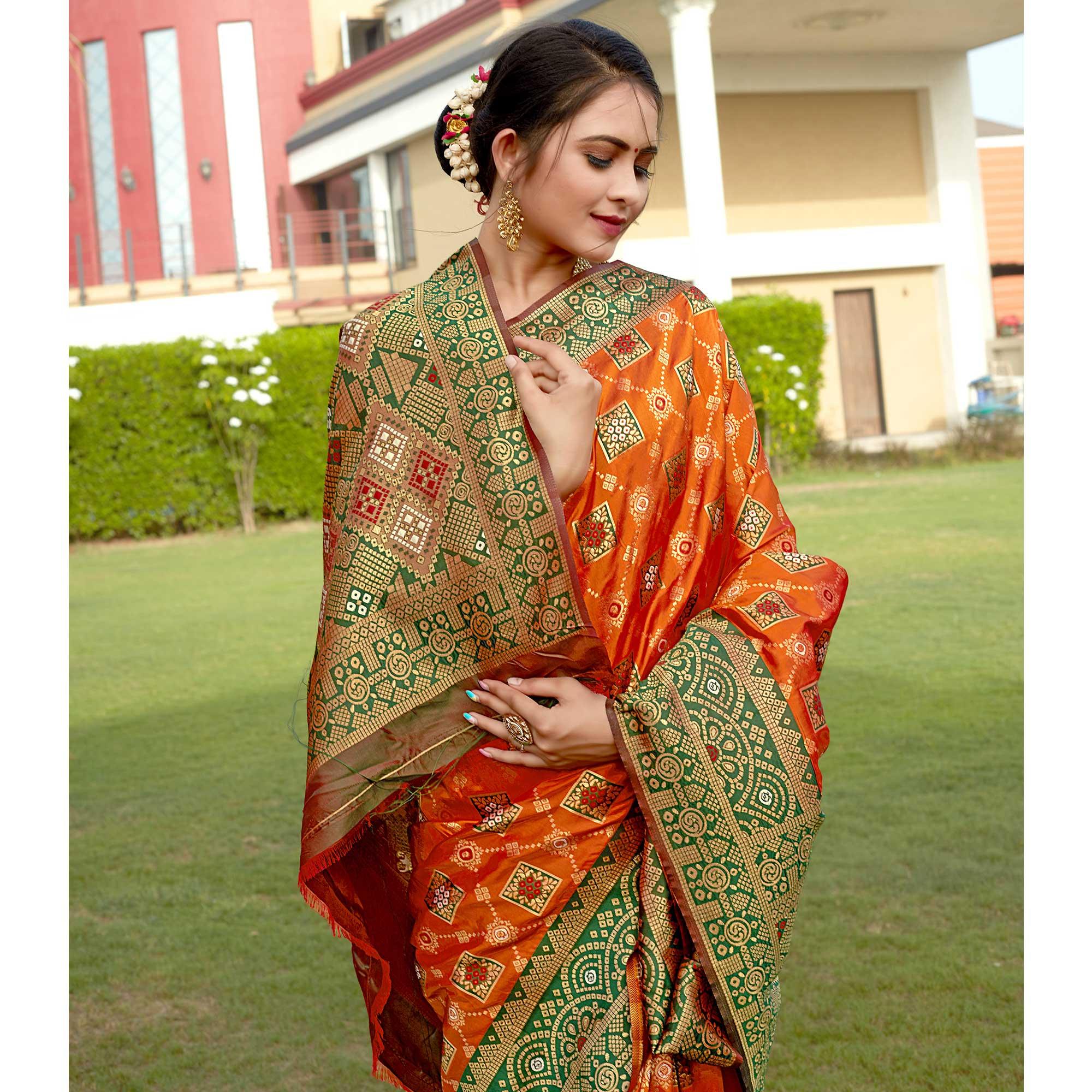 Orange Woven Banarasi Silk Saree - Peachmode