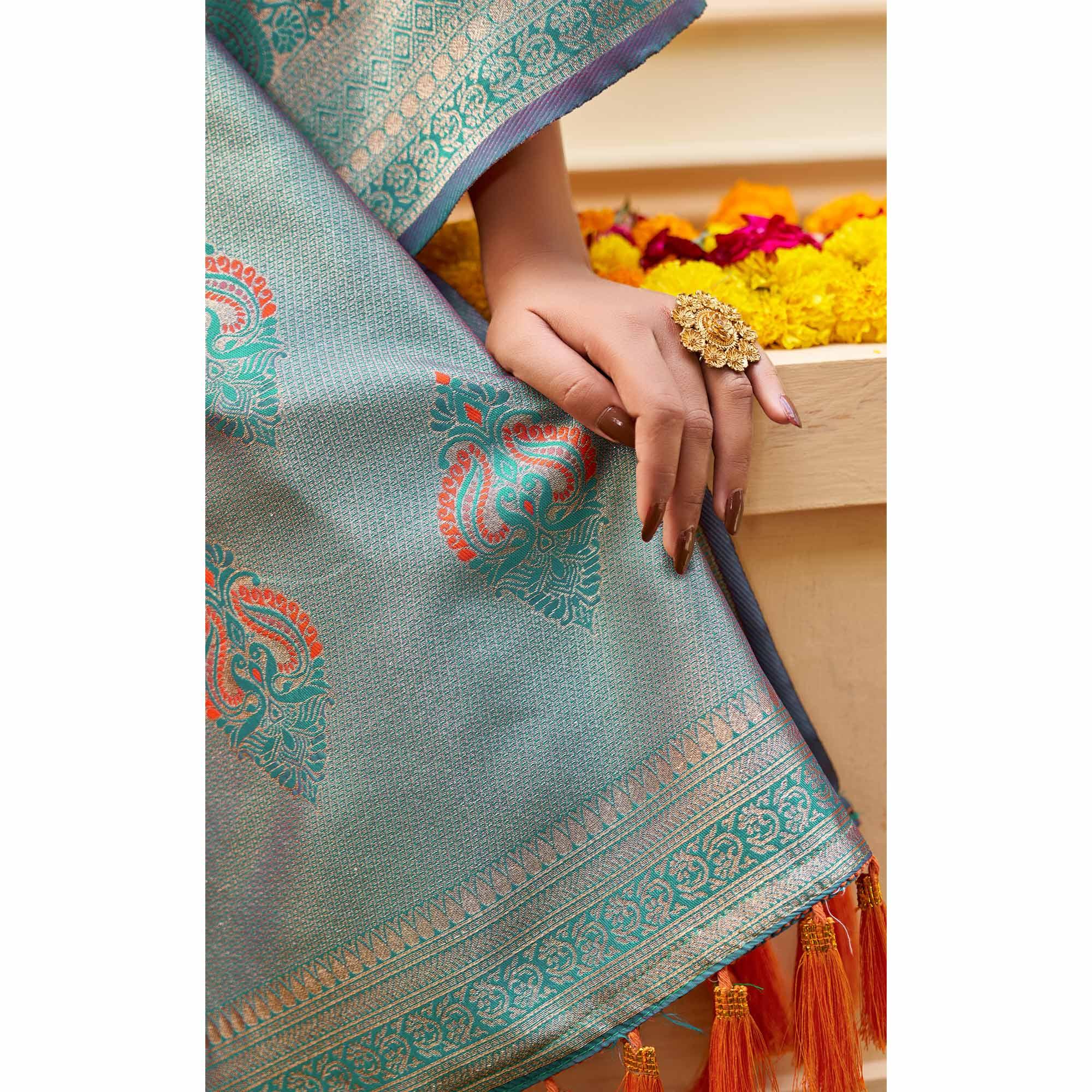 Orange Woven Banarasi Silk Saree - Peachmode