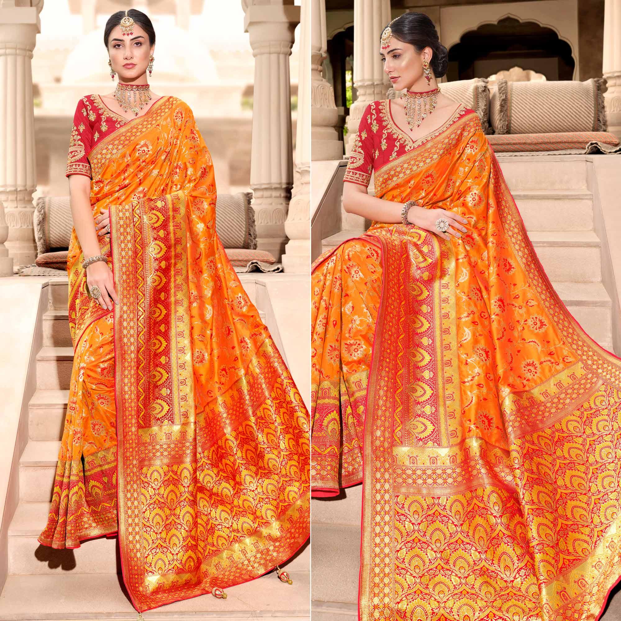 Orange Woven Banarasi Silk Saree With Tassels - Peachmode
