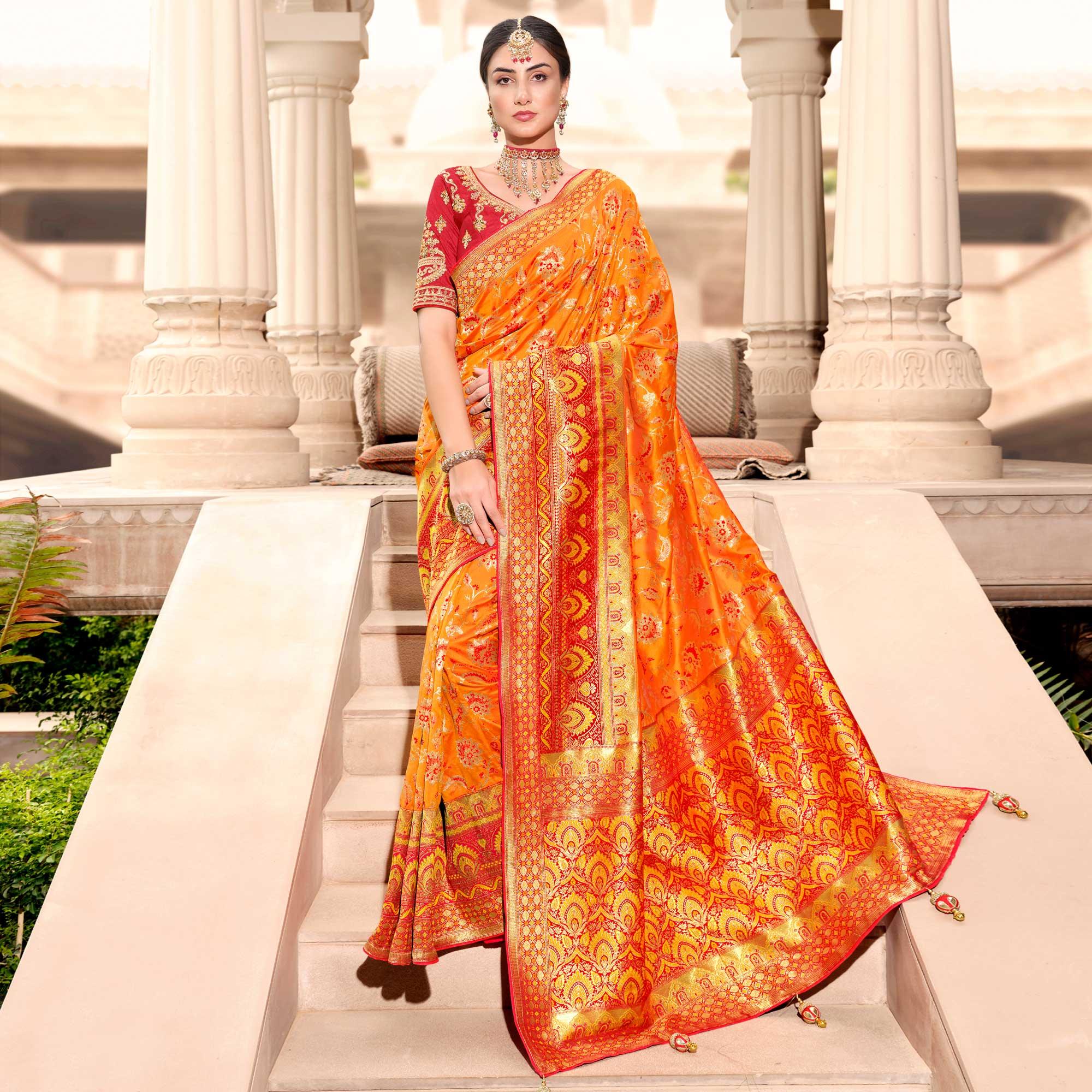 Orange Woven Banarasi Silk Saree With Tassels - Peachmode