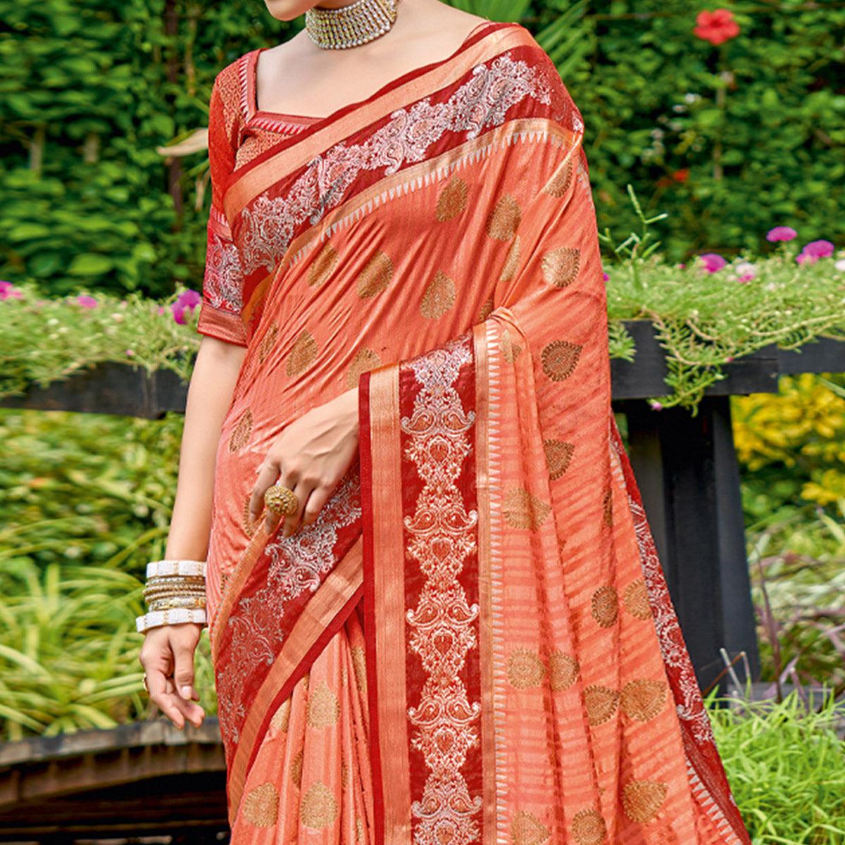 Orange Woven Banarasi Silk Saree With Tassels - Peachmode