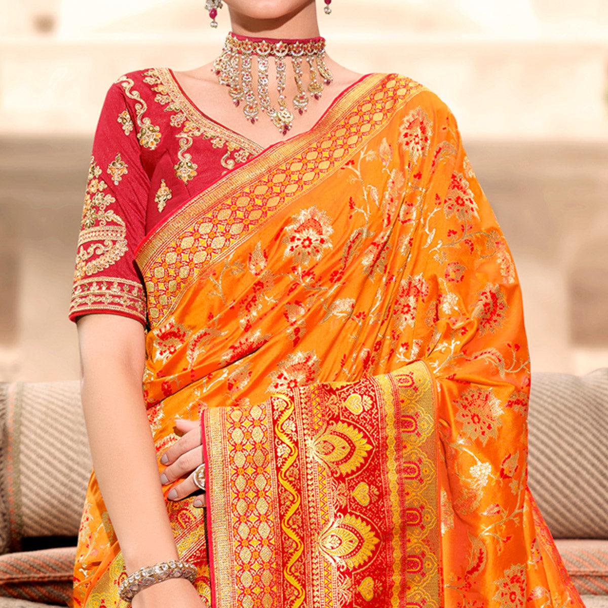 Orange Woven Banarasi Silk Saree With Tassels - Peachmode