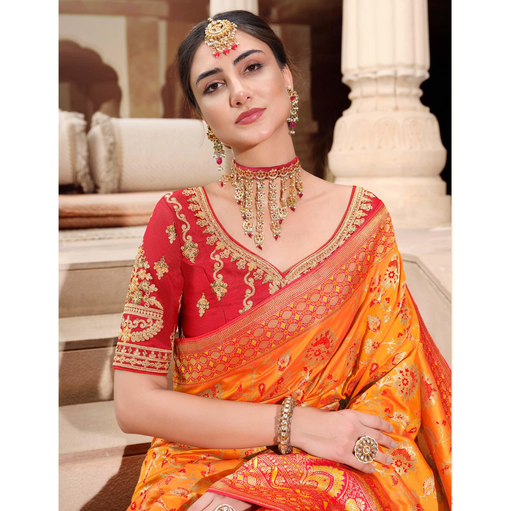 Orange Woven Banarasi Silk Saree With Tassels - Peachmode