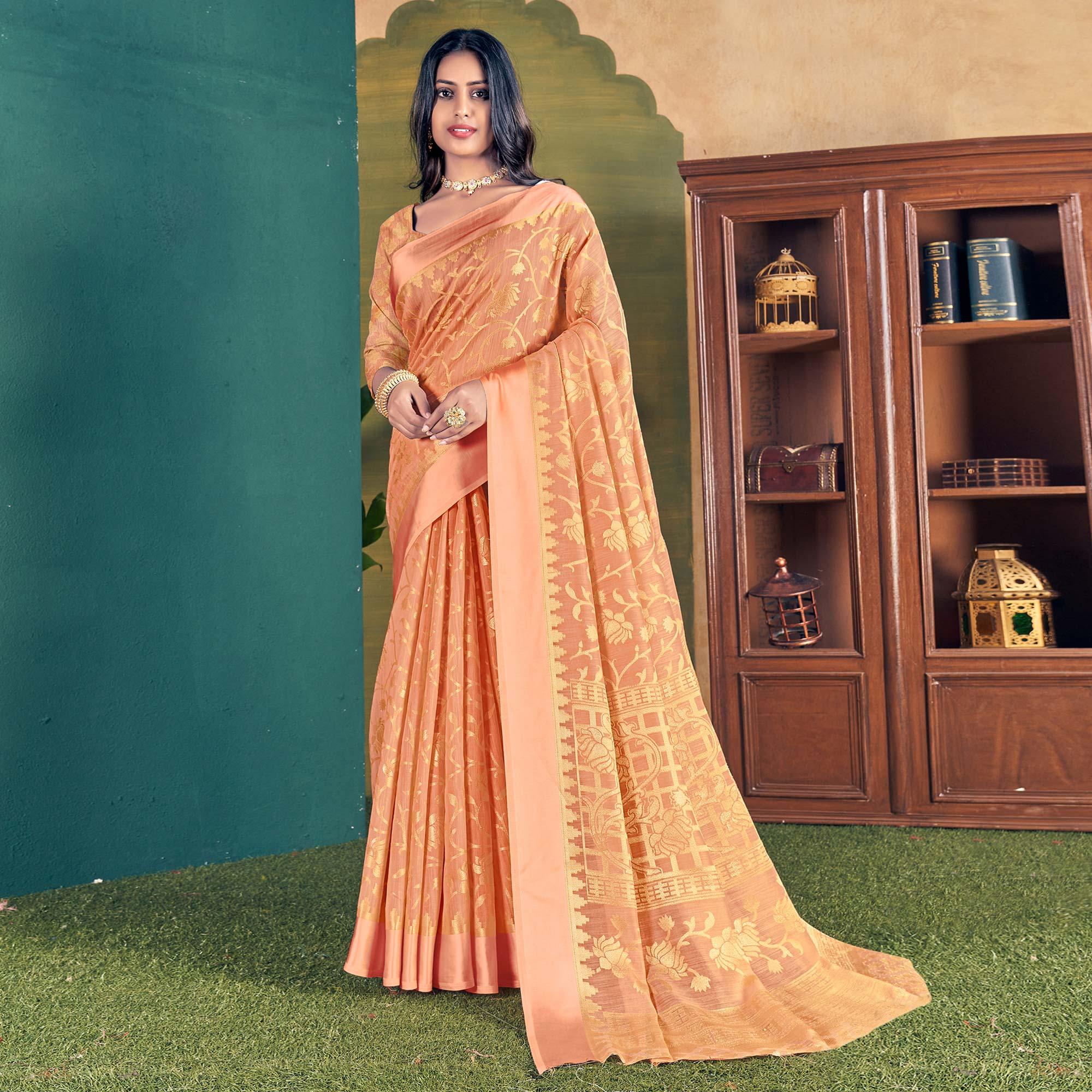 Orange Woven Brasso Saree - Peachmode