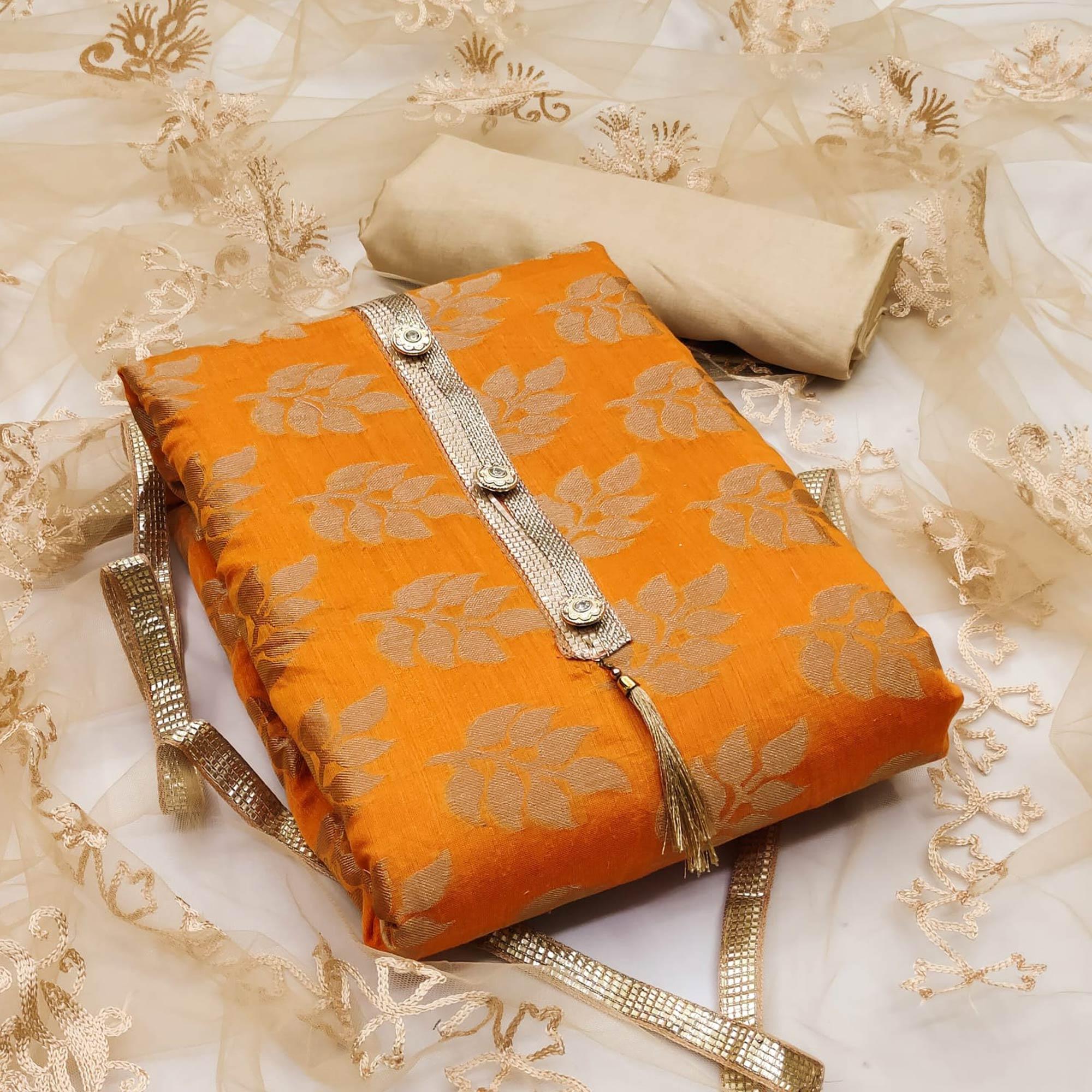 Orange Woven Chanderi Dress Material - Peachmode