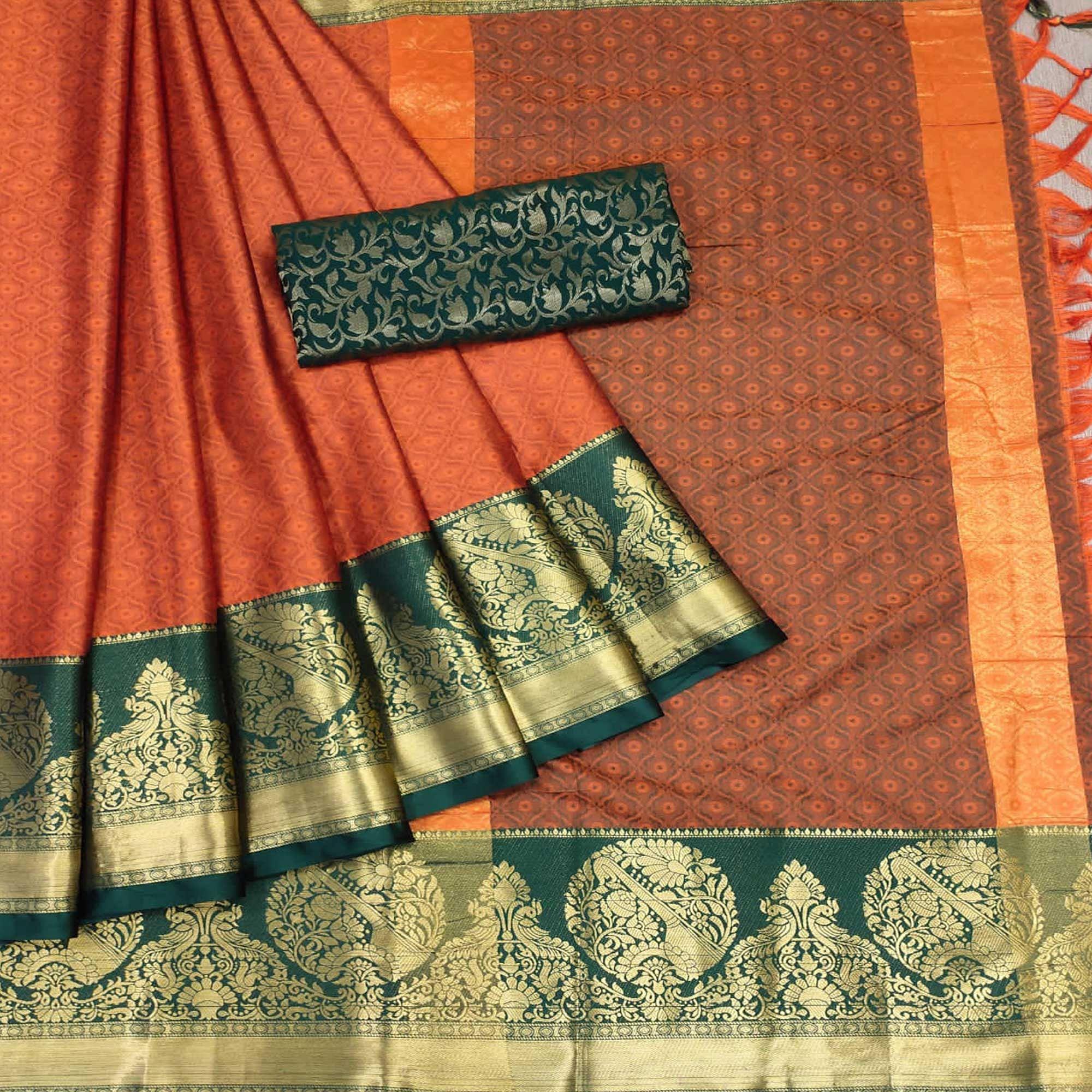 Orange Woven Cotton Silk Saree - Peachmode