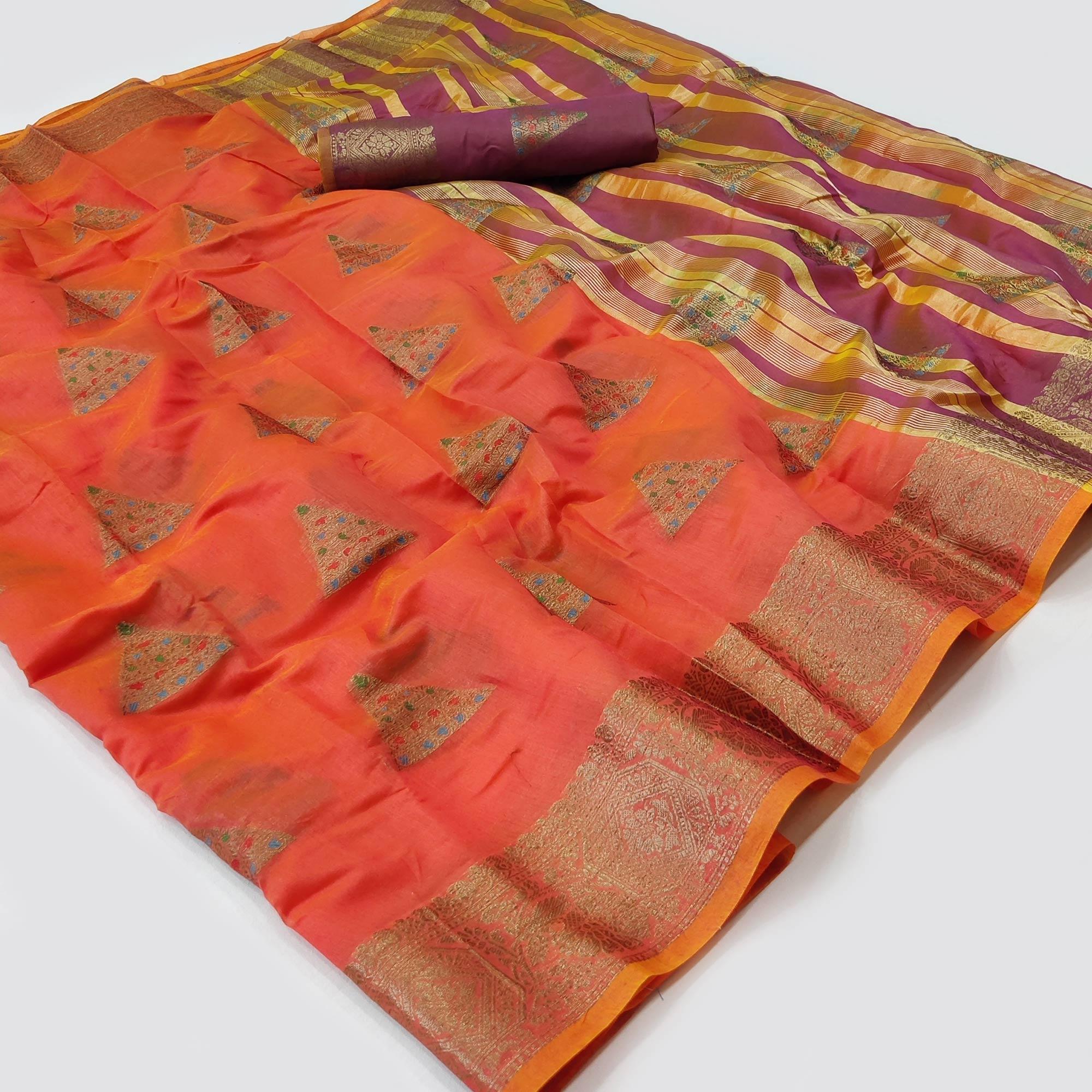 Orange Woven Cotton Silk Saree - Peachmode