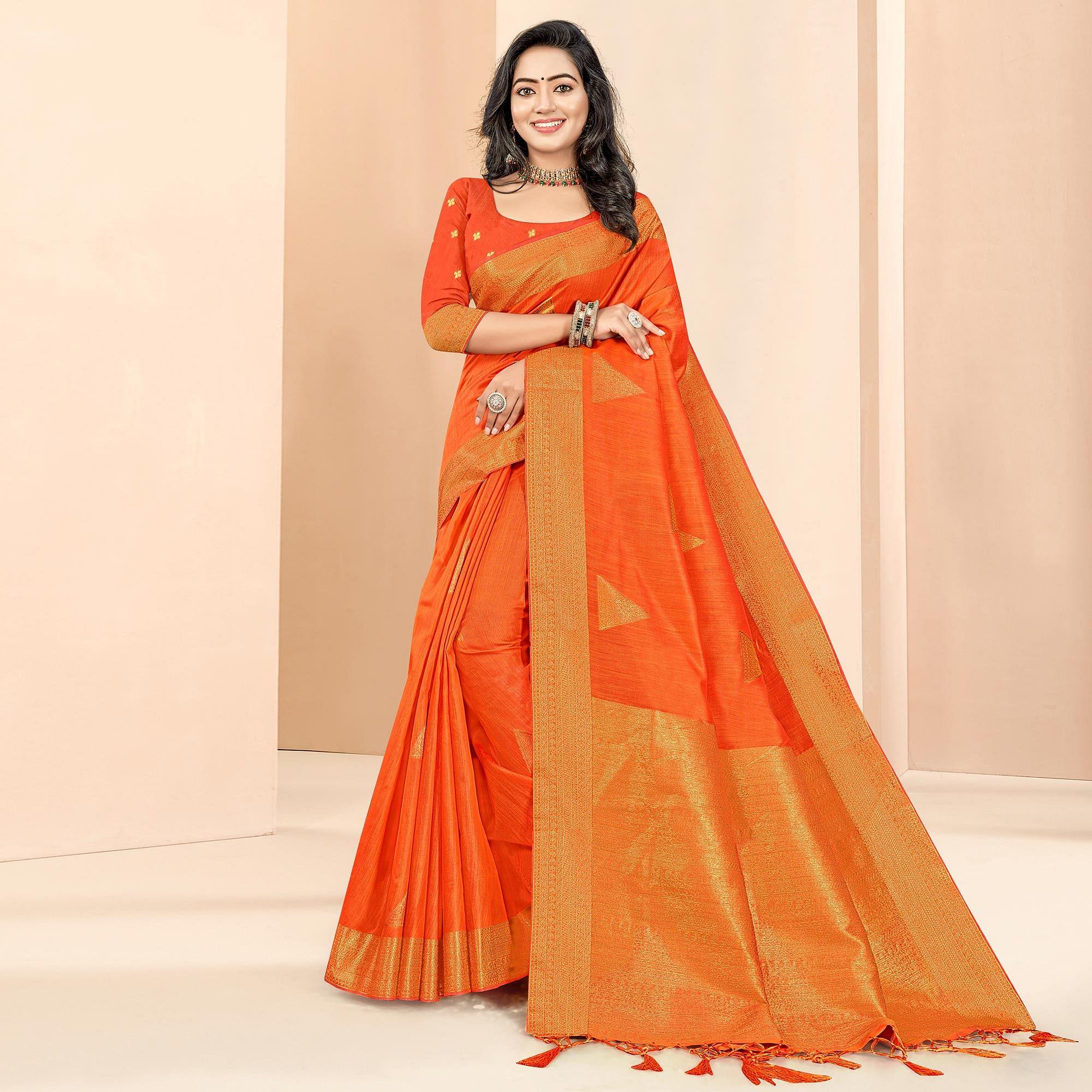 Orange Woven Cotton Silk Saree - Peachmode