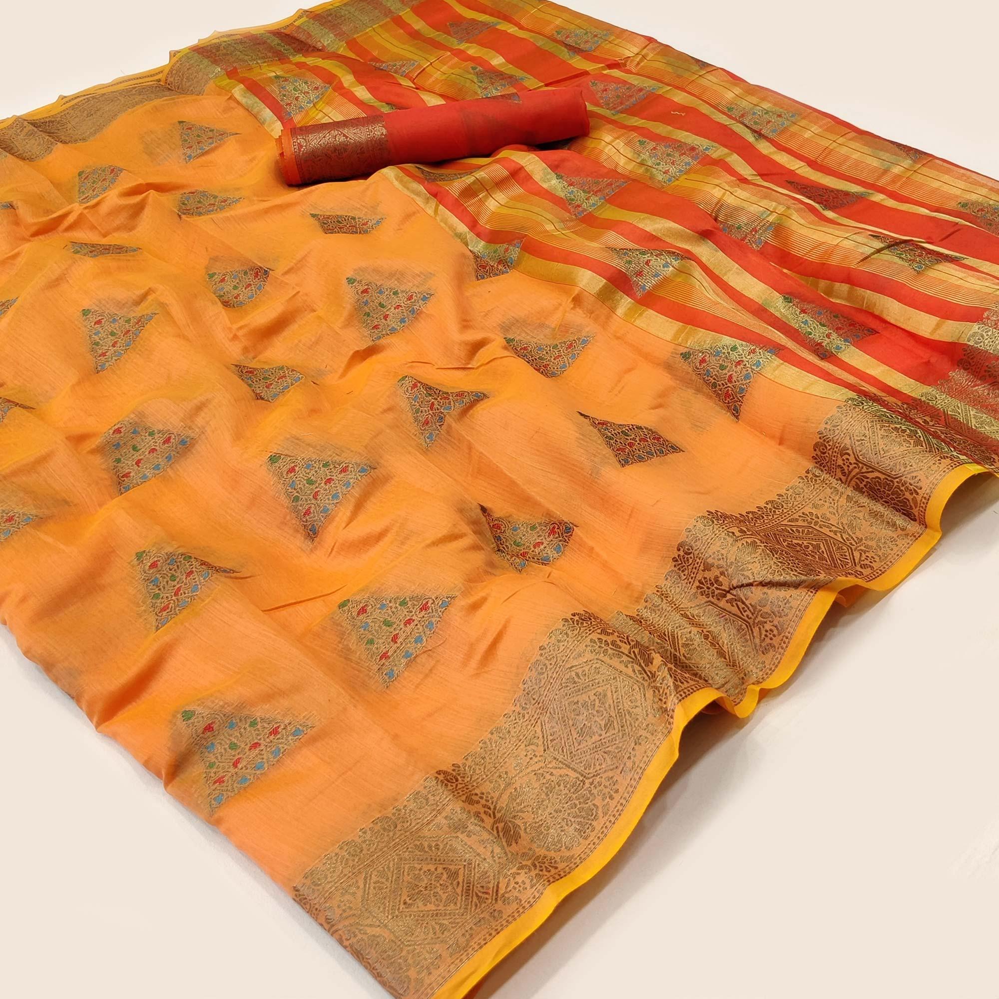 Orange Woven Cotton Silk Saree - Peachmode