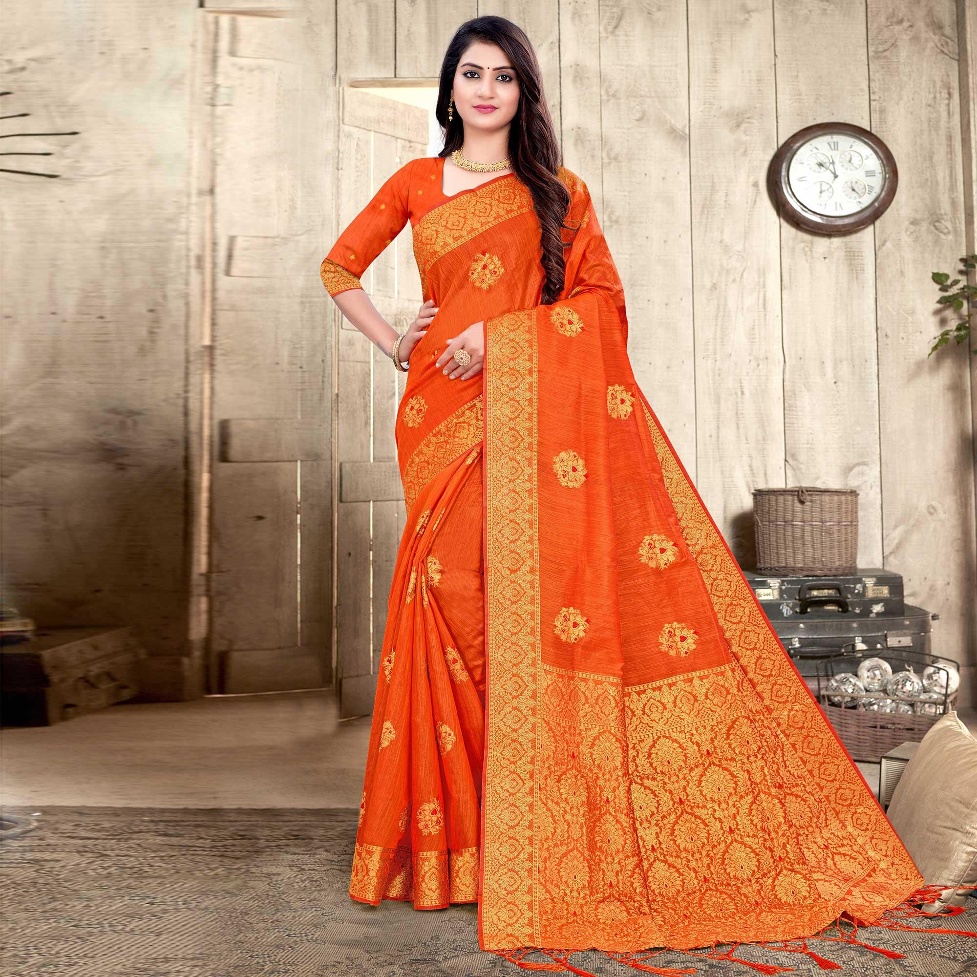 Orange Woven Cotton Silk Saree - Peachmode