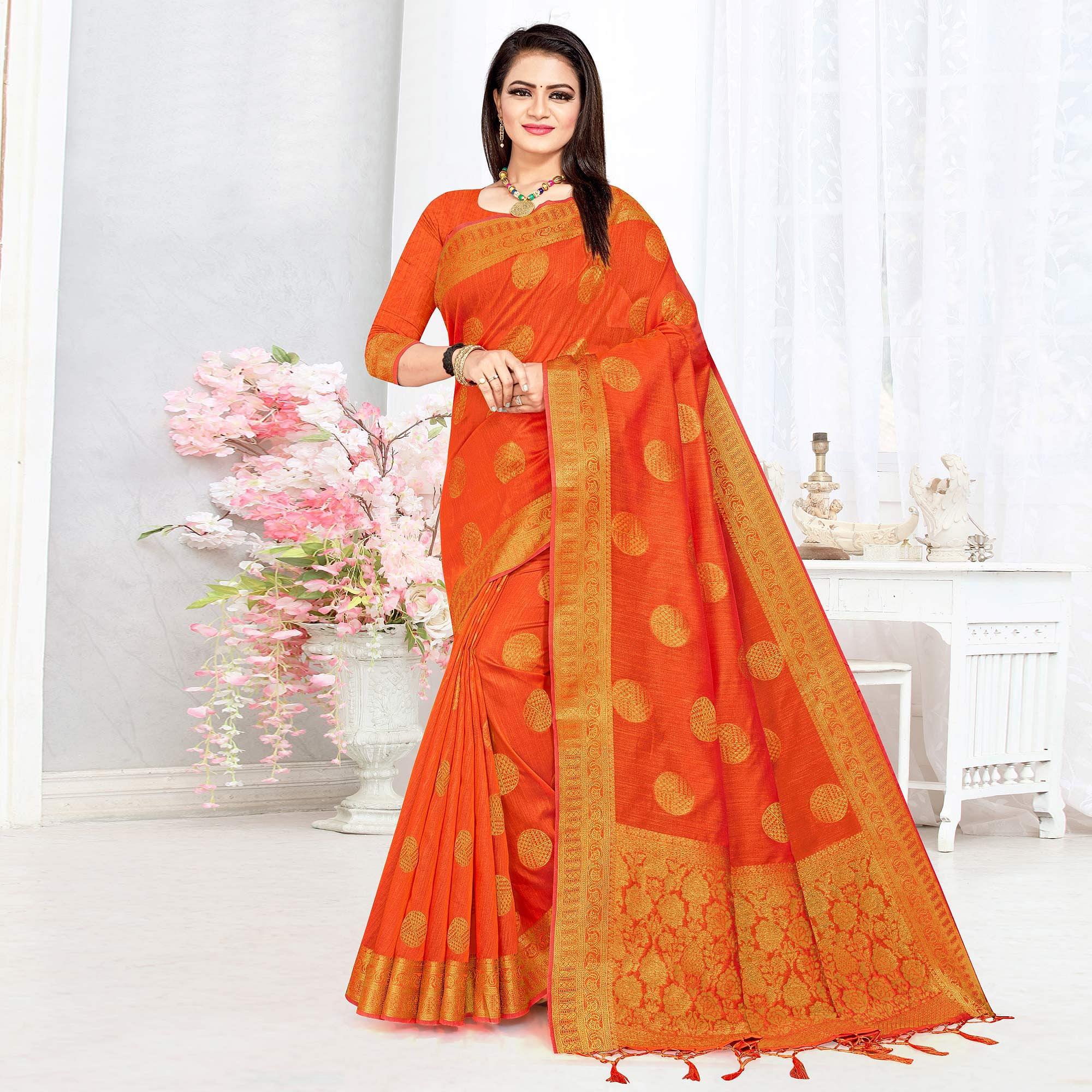 Orange Woven Cotton Silk Saree - Peachmode