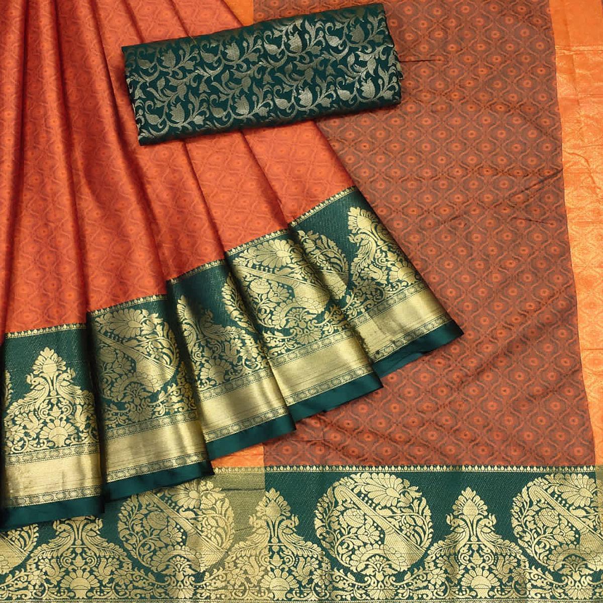 Orange Woven Cotton Silk Saree - Peachmode