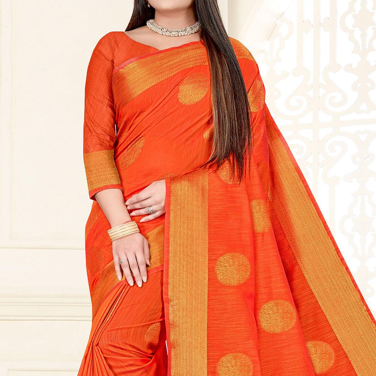 Orange Woven Cotton Silk Saree - Peachmode