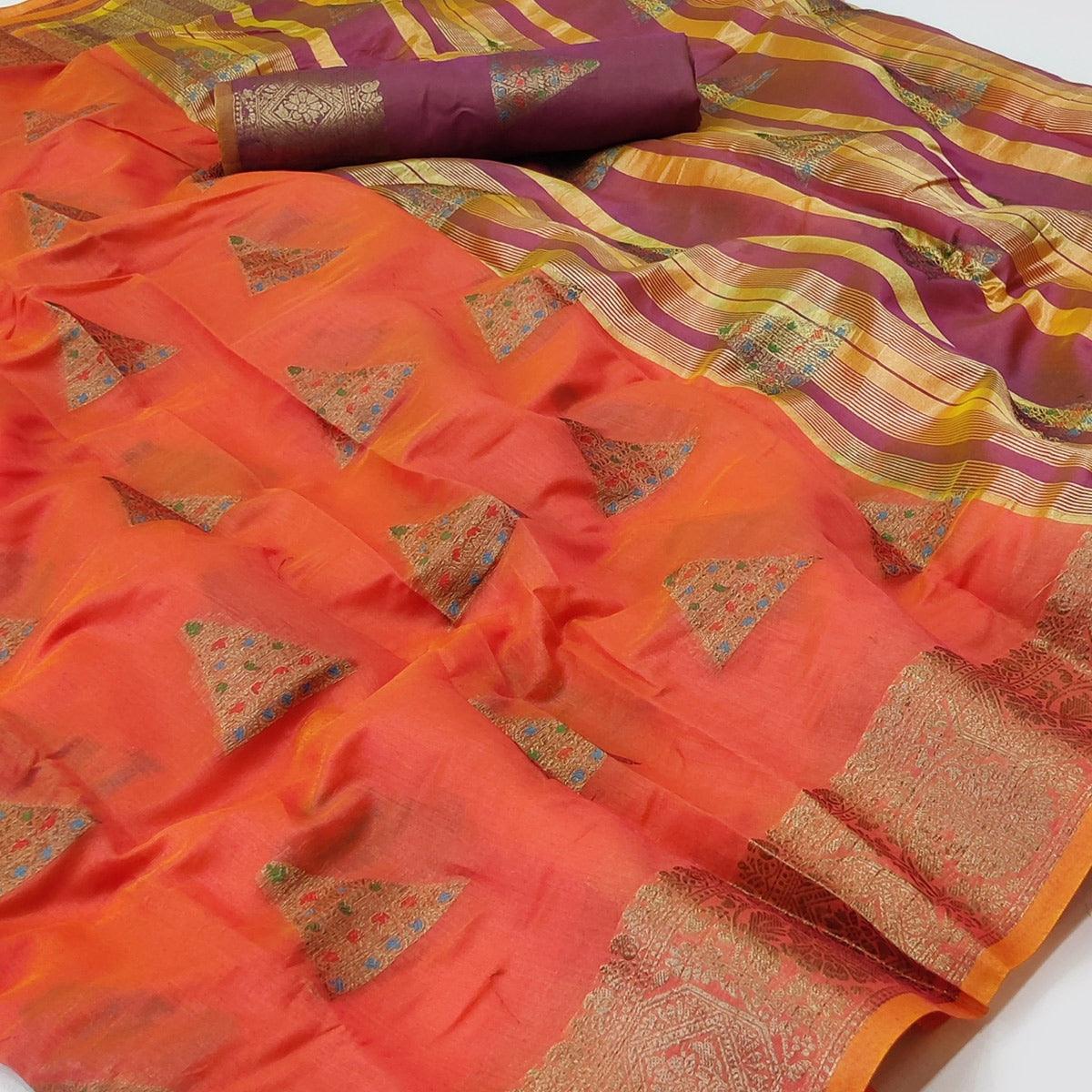 Orange Woven Cotton Silk Saree - Peachmode