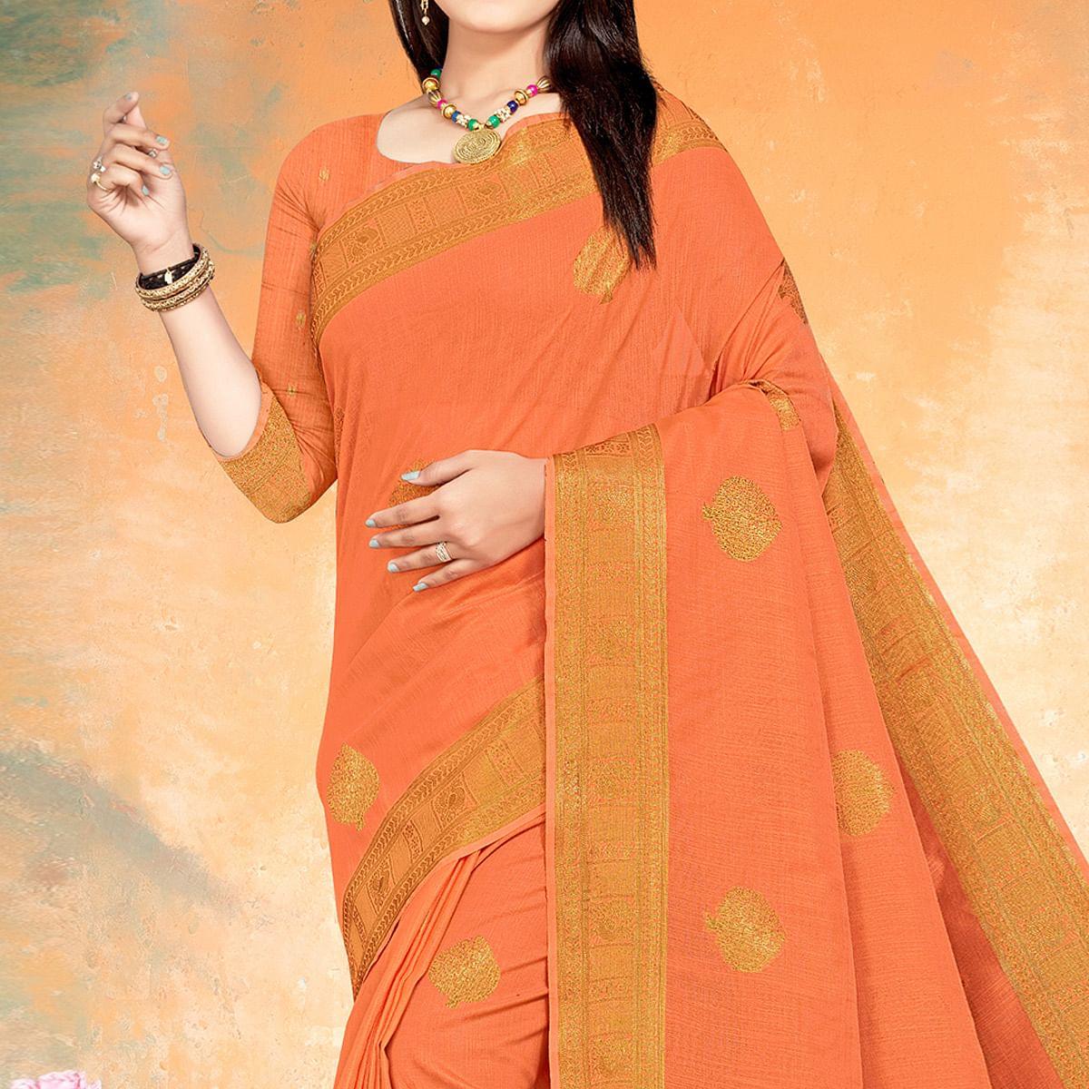 Orange Woven Cotton Silk Saree - Peachmode