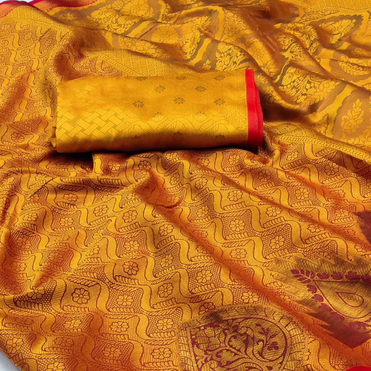 Orange Woven Cotton Silk Saree - Peachmode