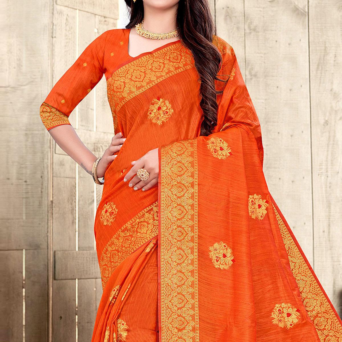 Orange Woven Cotton Silk Saree - Peachmode