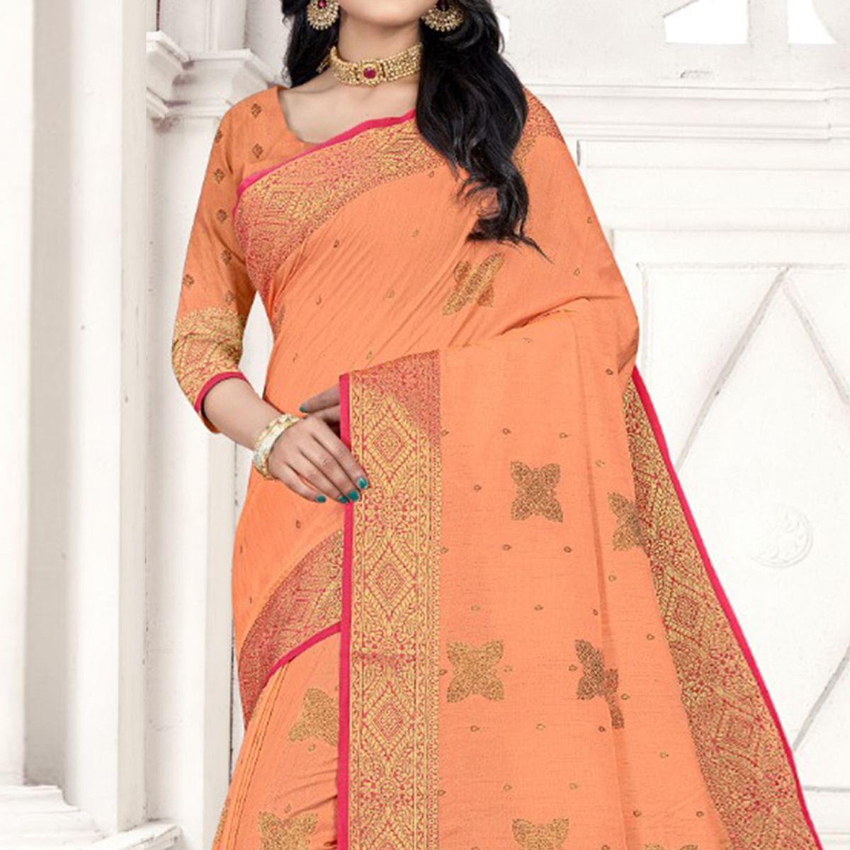 Orange Woven Cotton Silk Saree - Peachmode