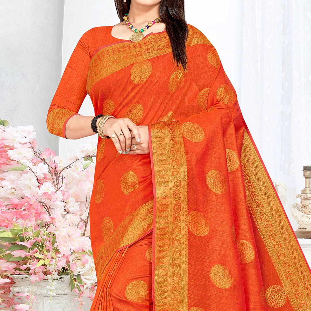 Orange Woven Cotton Silk Saree - Peachmode