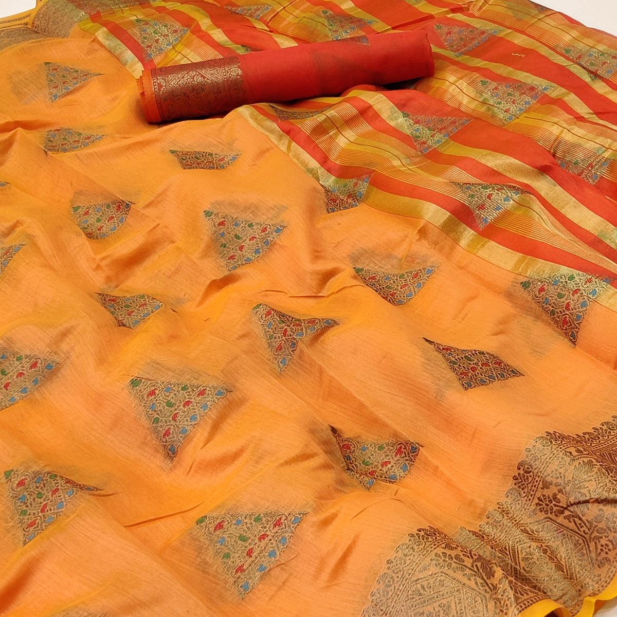 Orange Woven Cotton Silk Saree - Peachmode