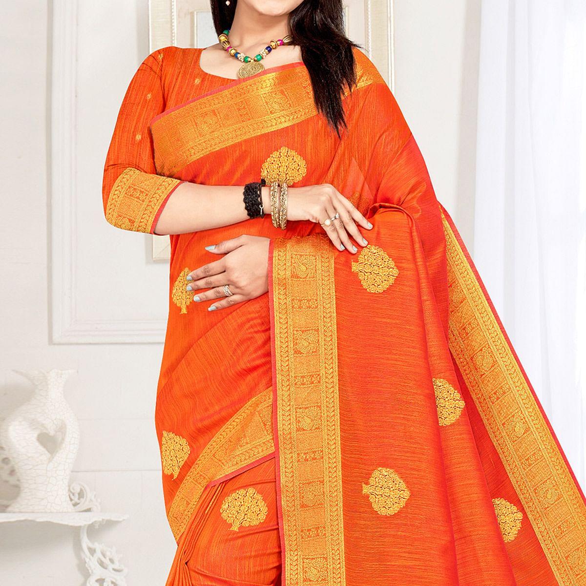 Orange Woven Cotton Silk Saree - Peachmode