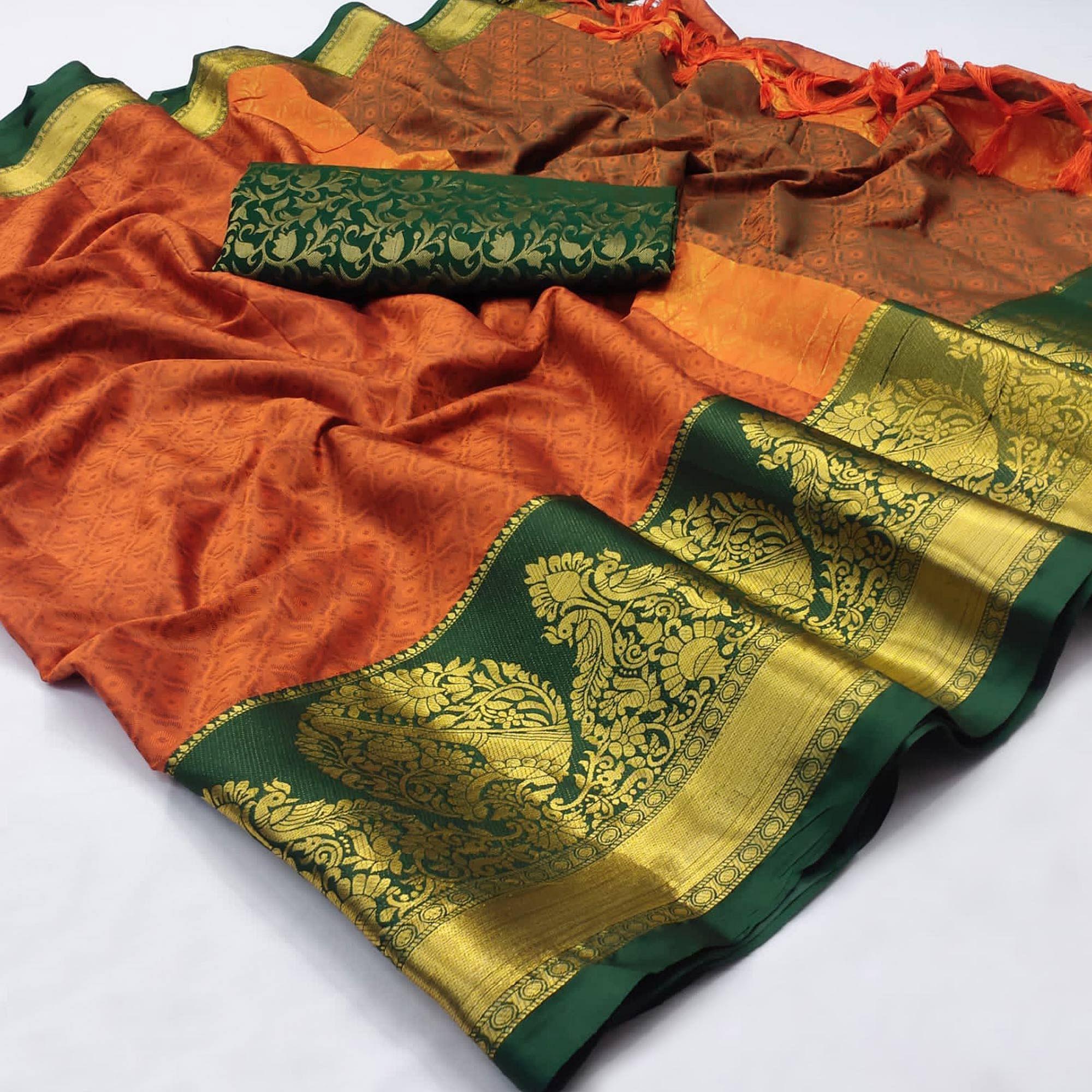 Orange Woven Cotton Silk Saree - Peachmode