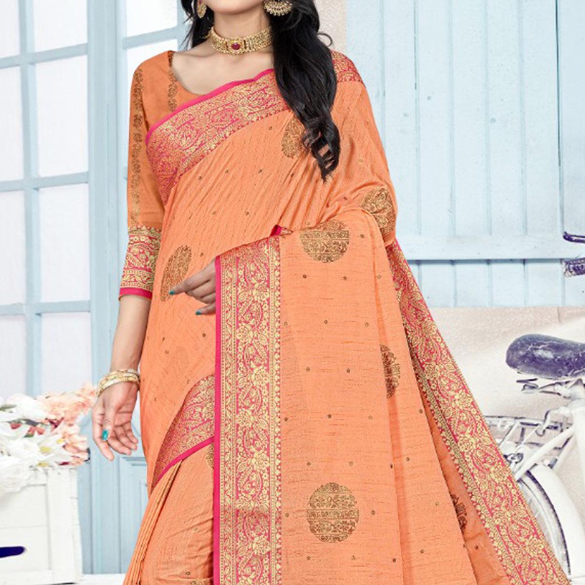 Orange Woven Cotton Silk Saree With Tassels - Peachmode
