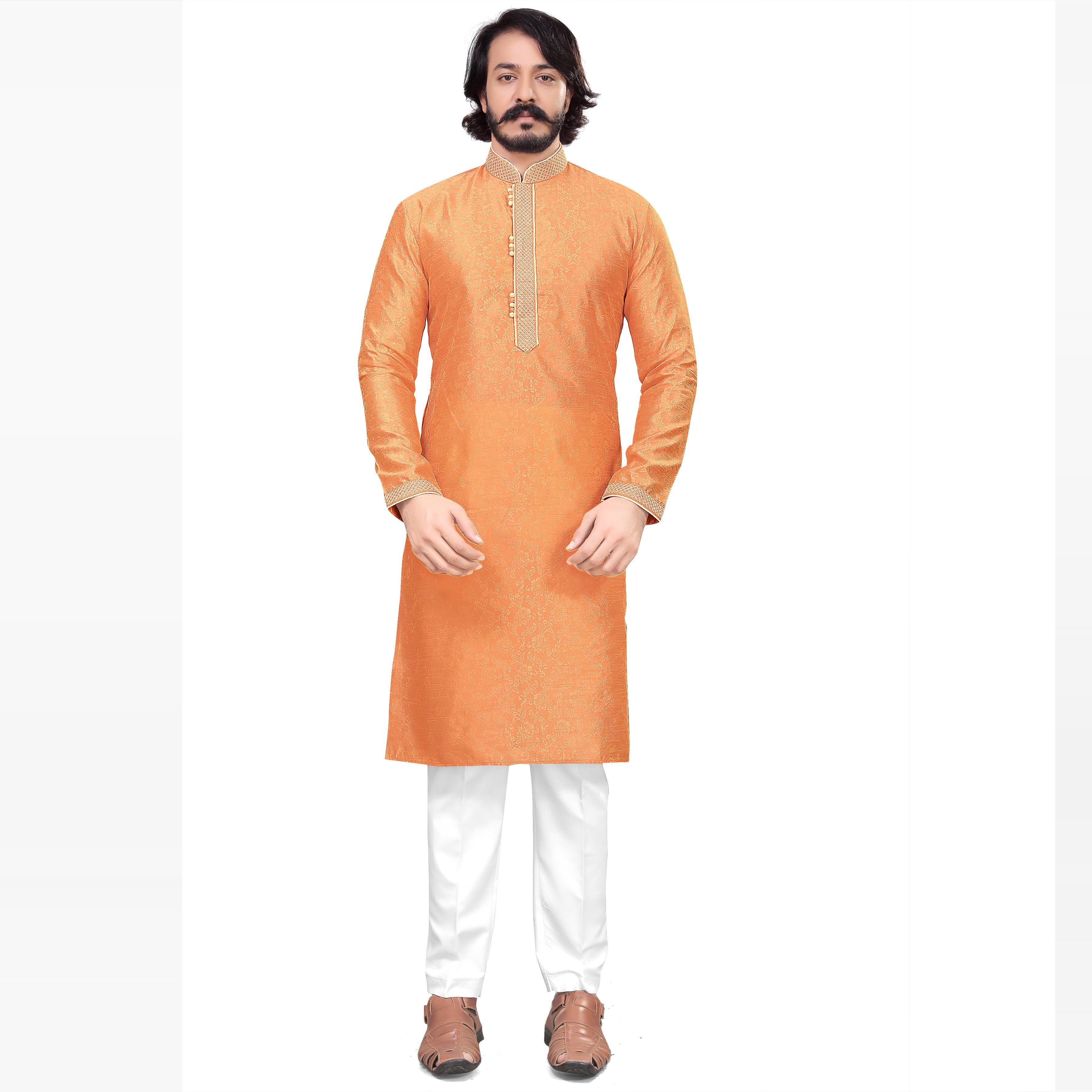 Orange Woven Jacquard Men's Kurta Pyjama Set - Peachmode