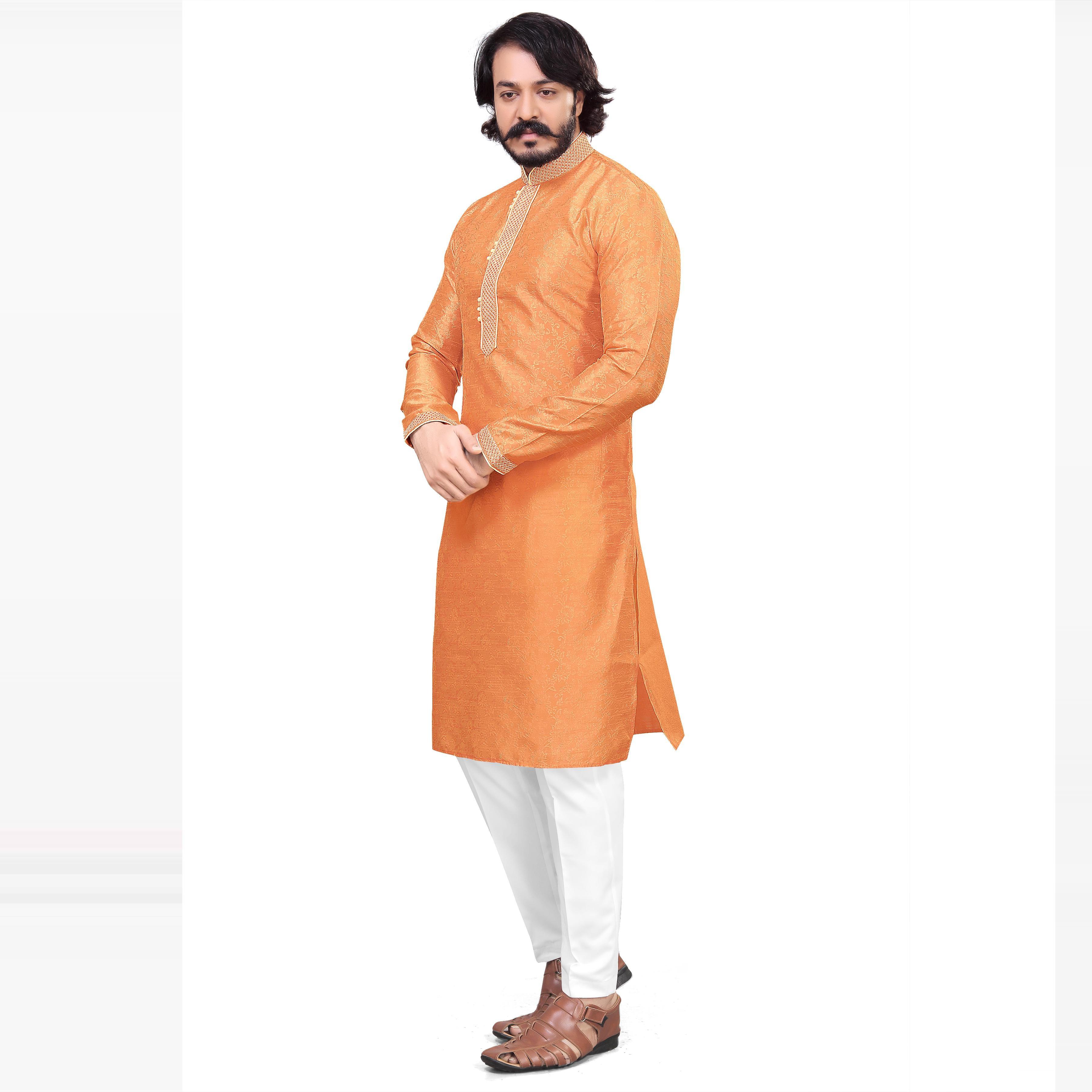 Orange Woven Jacquard Men's Kurta Pyjama Set - Peachmode