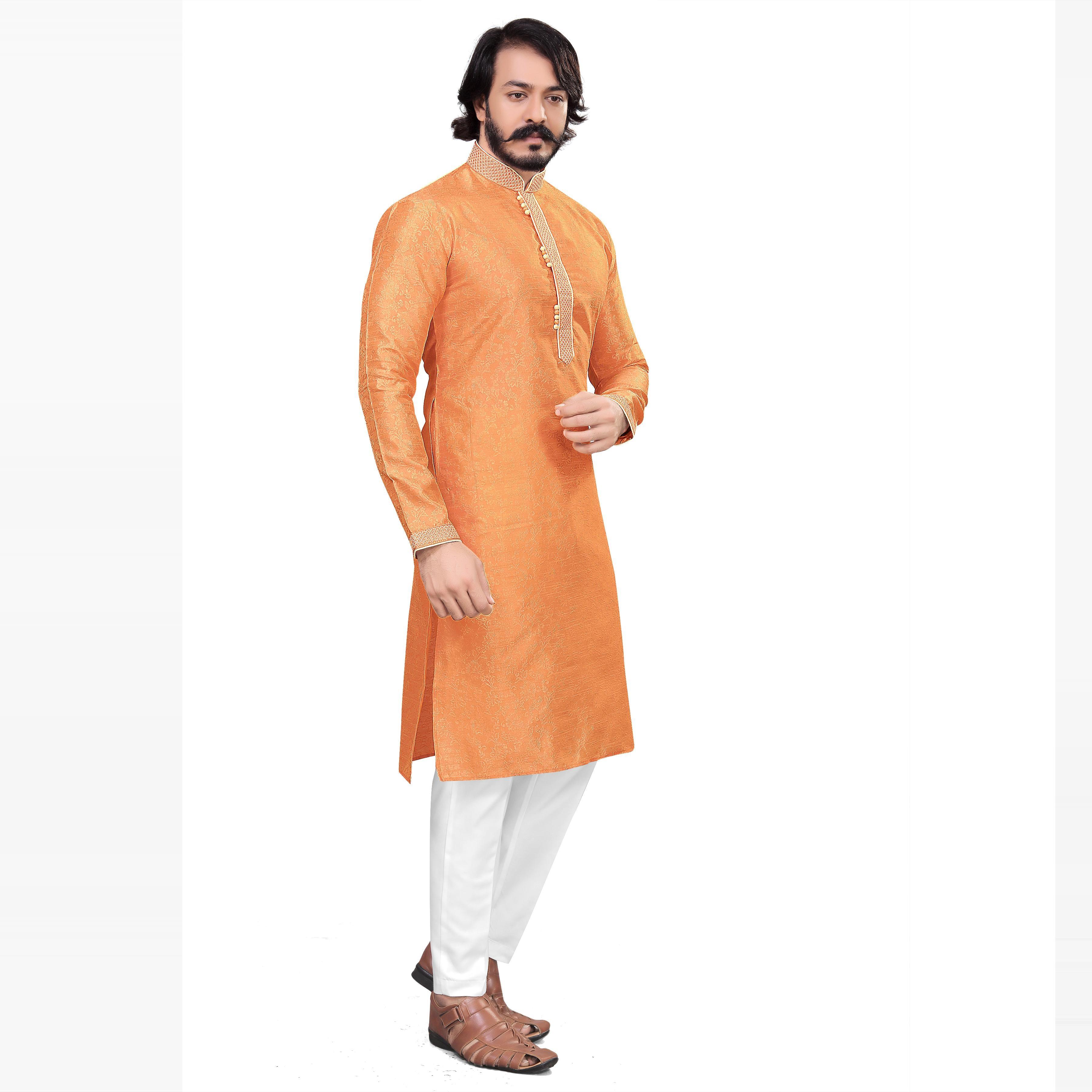 Orange Woven Jacquard Men's Kurta Pyjama Set - Peachmode