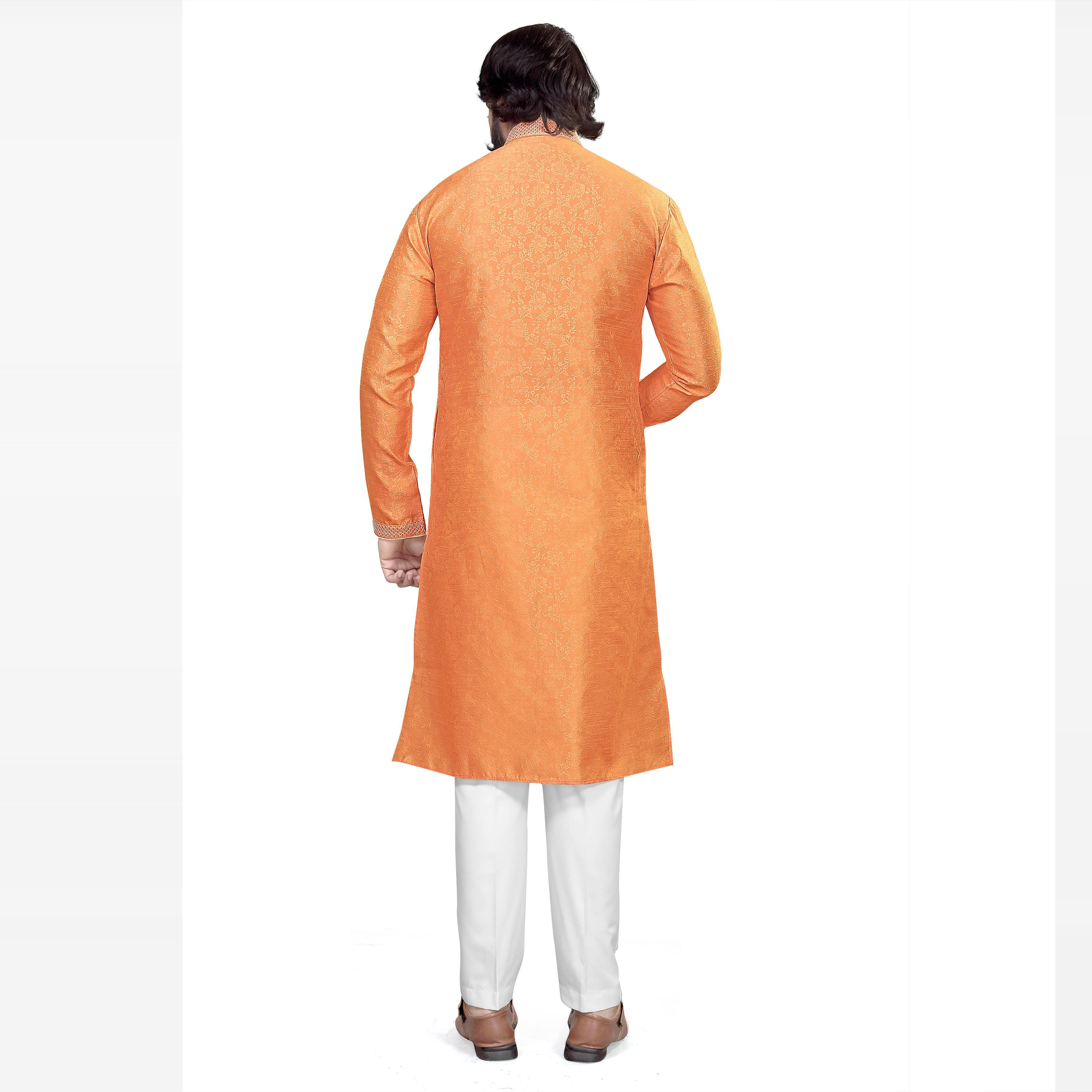 Orange Woven Jacquard Men's Kurta Pyjama Set - Peachmode