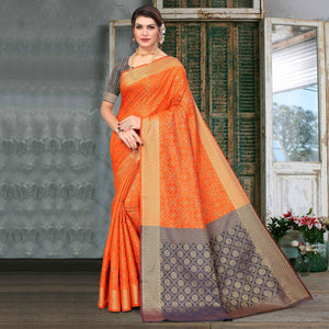 Orange Woven Jacquard Saree - Peachmode