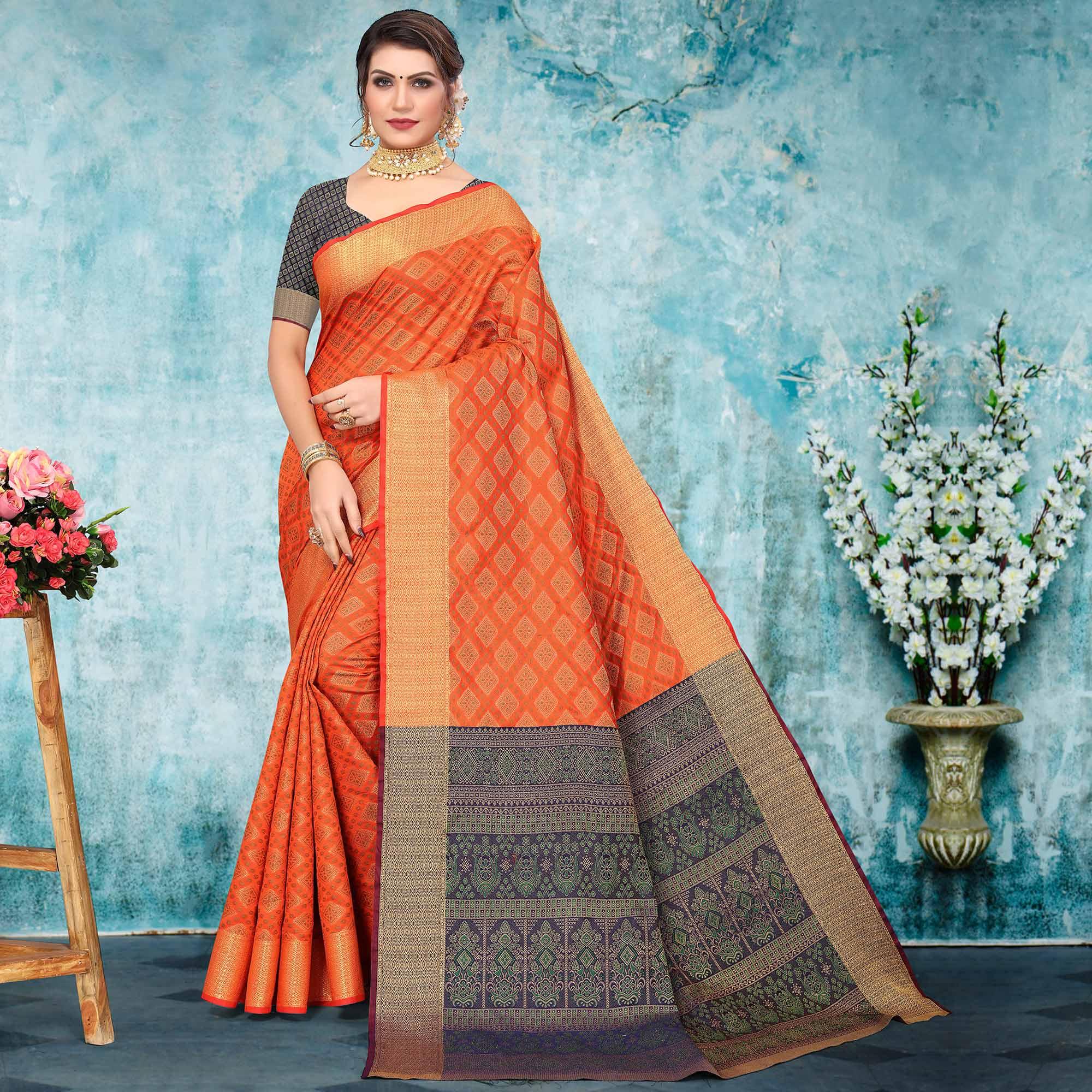 Orange Woven Jacquard Saree - Peachmode